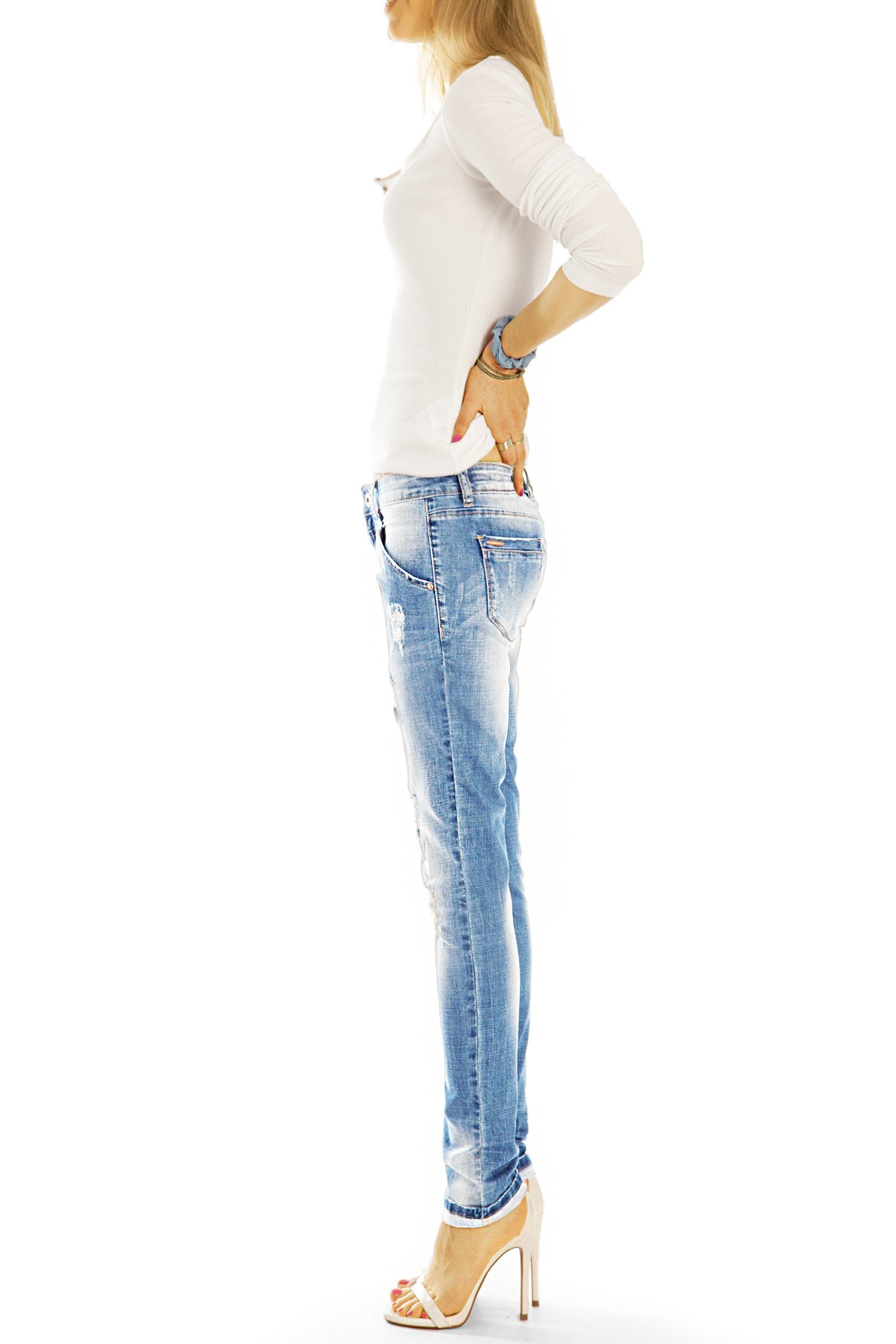 mit styled waist Destroyed-Jeans Röhrenjeans Hüftjeans Jeans- j14k-4 Vintage - 5-Pocket-Style Hosen Stretch-Anteil, be Slimfit Damen zerissene low Skinny