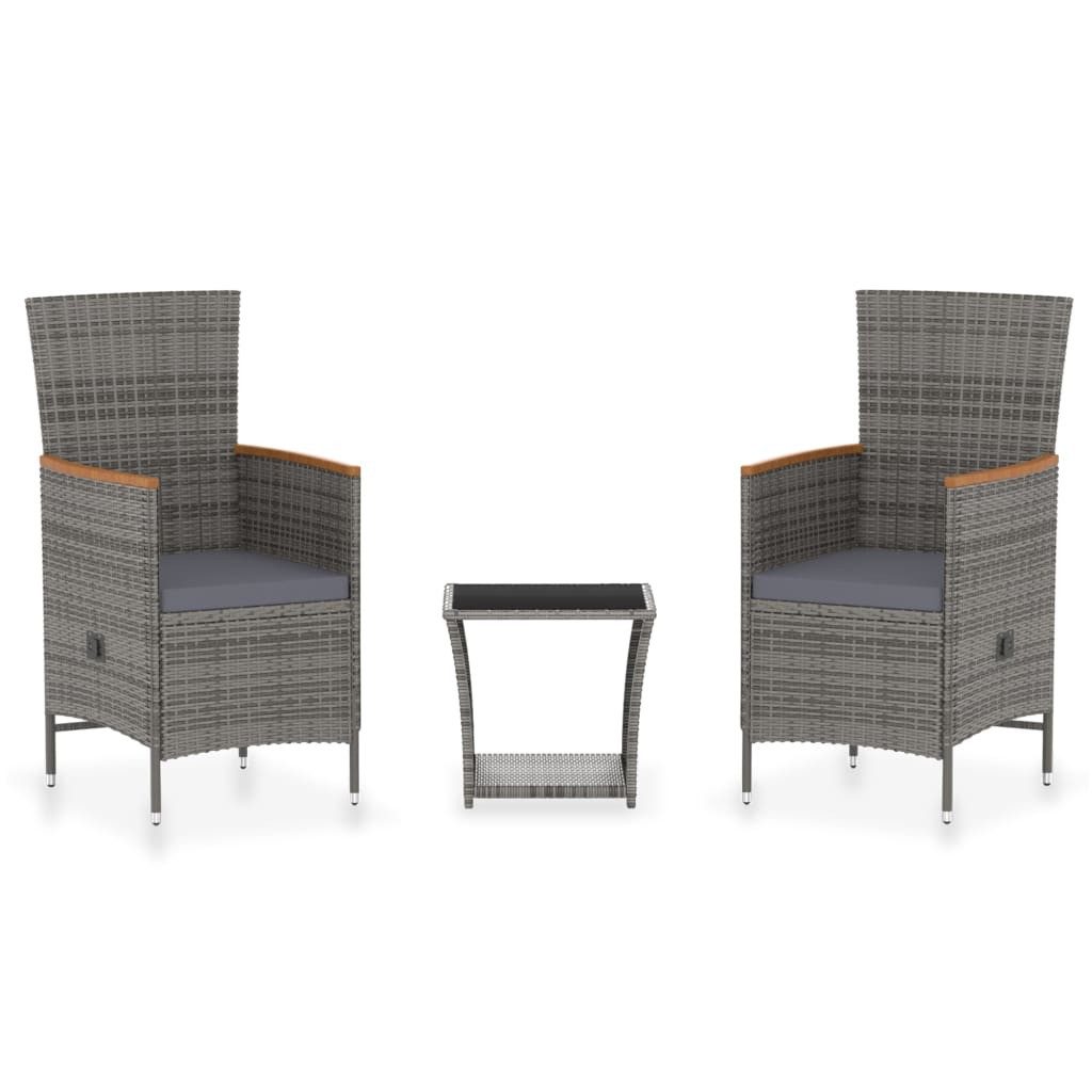 vidaXL Gartenlounge-Set 3-tlg. Garten-Lounge-Set mit Kissen Poly Rattan Grau, (1-tlg)