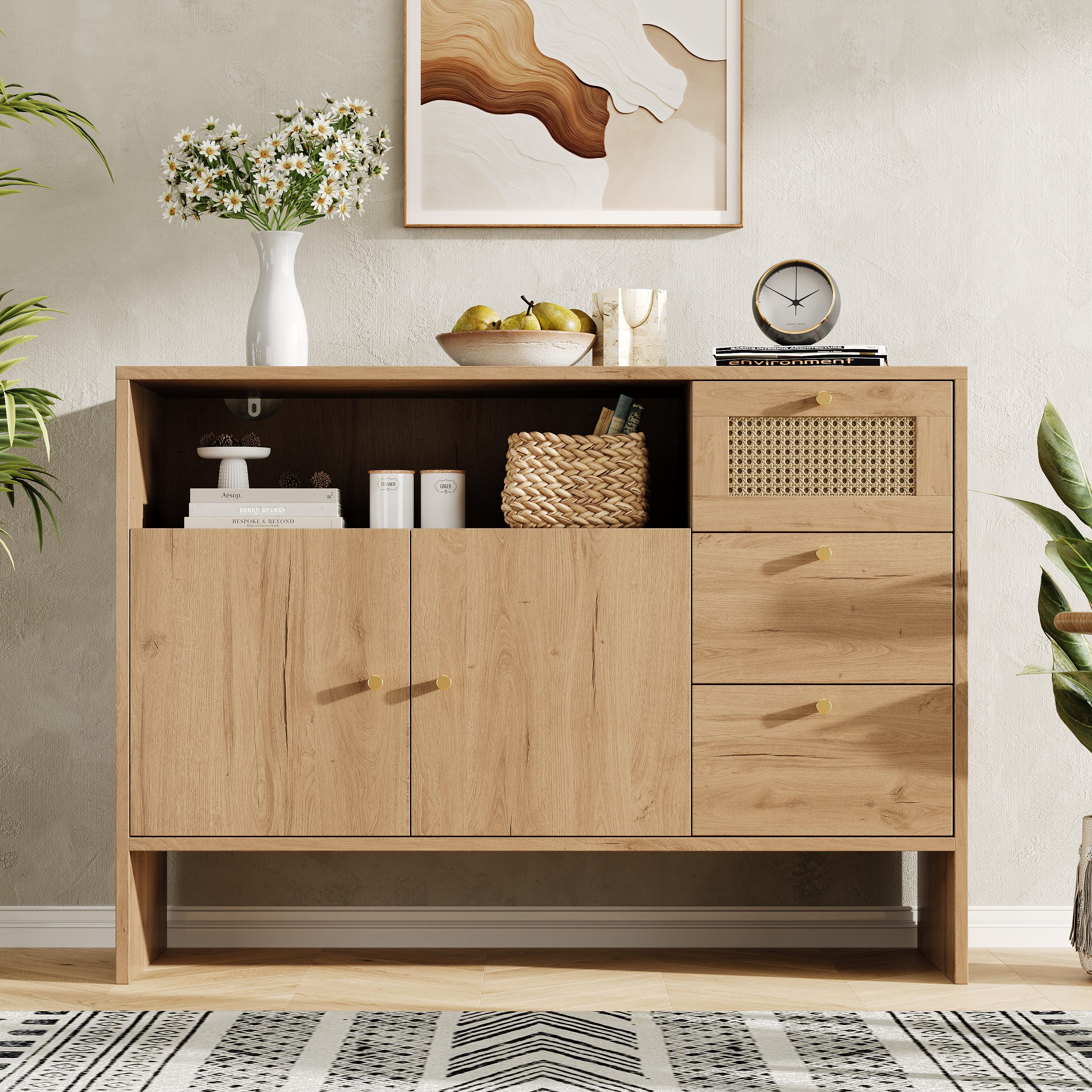 Celya Sideboard Küchenschrank, Buffetschrank mit 2 Türen und 3 Schubladen (Schubladenschrank mit Rattan und Goldgriffen, 105 x 40 x 76 cm), ideal für Wohn-, Ess- oder Küchenbereiche