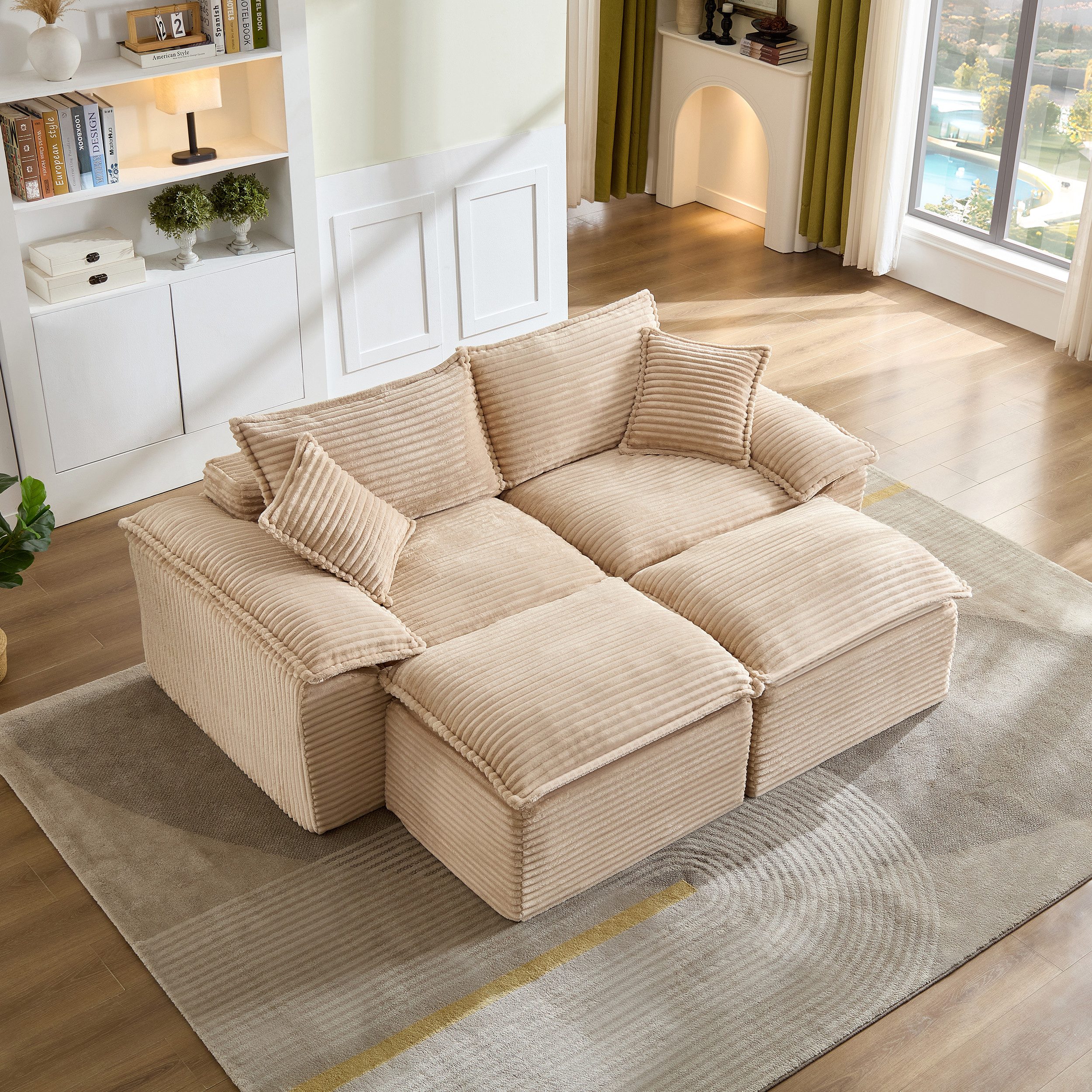 Vankel Schlafsofa Modulares Schlafsofa, 2-Sitzer Wohnzimmer Sofa mit Kissen, Bodensofa Cord Couch mit Hocker, Armlehne und Memory-Schaum
