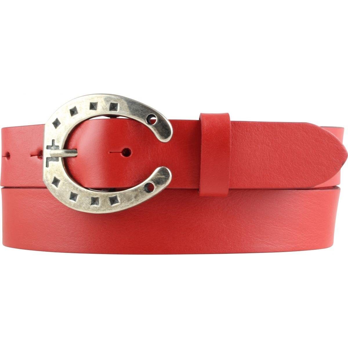 BELTINGER Ledergürtel Gürtel für Reiter mit Hufeisen-Gürtelschnalle aus Vollrindleder 3 cm - Rot, Altsilber