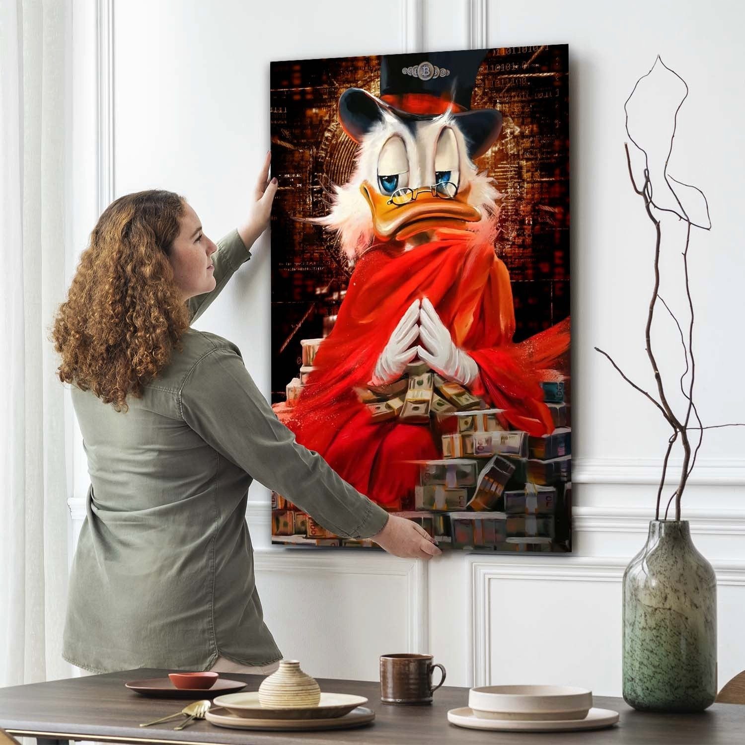 Artedinoi Leinwandbild Buddha Duck Money Comic Wandbild Leinwandbild Deko Kunst XL, Comic-Ente als Buddha mit Geld