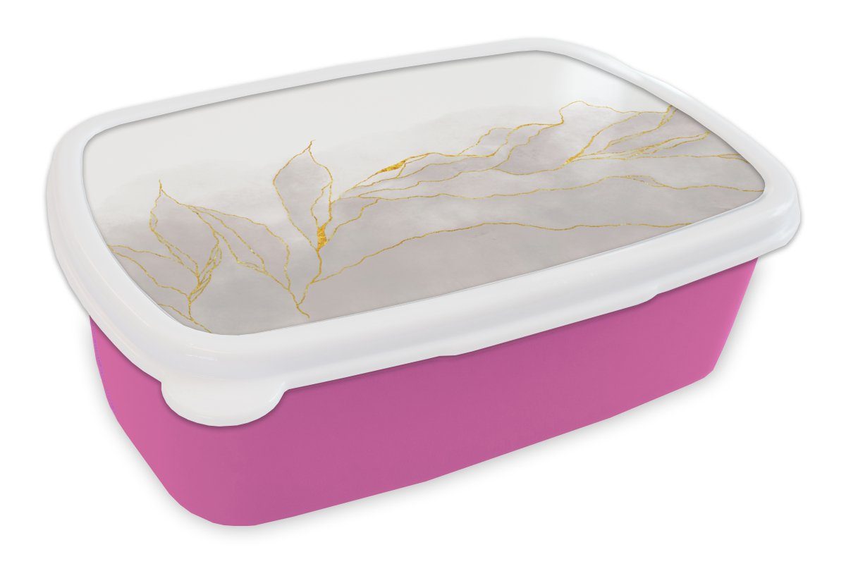 MuchoWow Lunchbox Marmoroptik - Grau - Gold - Chic - Marmor, Kunststoff, (2-tlg), Brotbox für Erwachsene, Brotdose Kinder, Snackbox, Mädchen, Kunststoff rosa