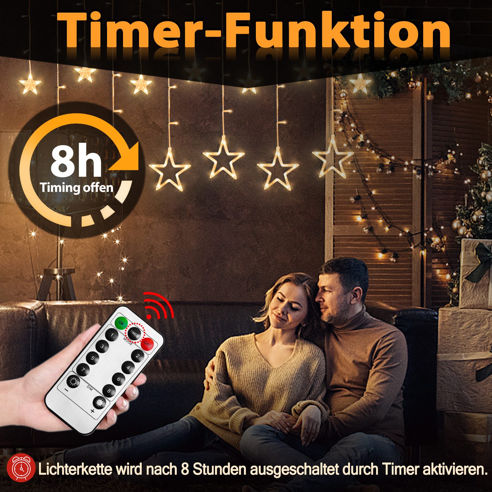 FIVMEN LED-Lichterkette außen und innen 138 LEDs 3m Deko Sternlichter, 8 Modi mit Stecker, Fernbedienung mit Timer, Stern Form – Bild 2 von 5