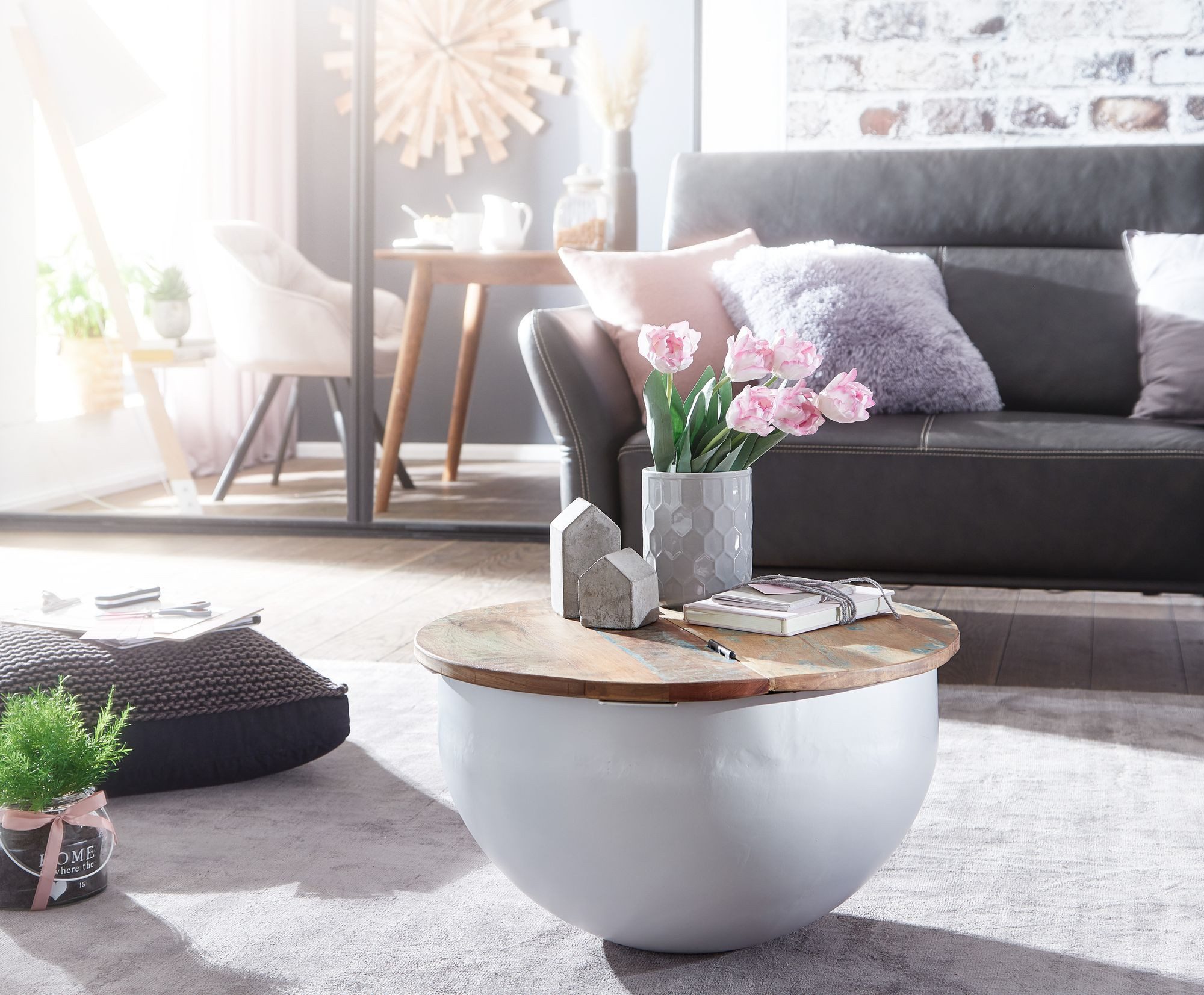 FINEBUY Couchtisch FB24611 Massivholz Ø 60cm Wohnzimmertisch Rund Sofatisch Tisch (60x34x60 cm Mango Massivholz Metall Weiß Rund), Sofatisch mit Stauraum, Wohnzimmertisch Shabby