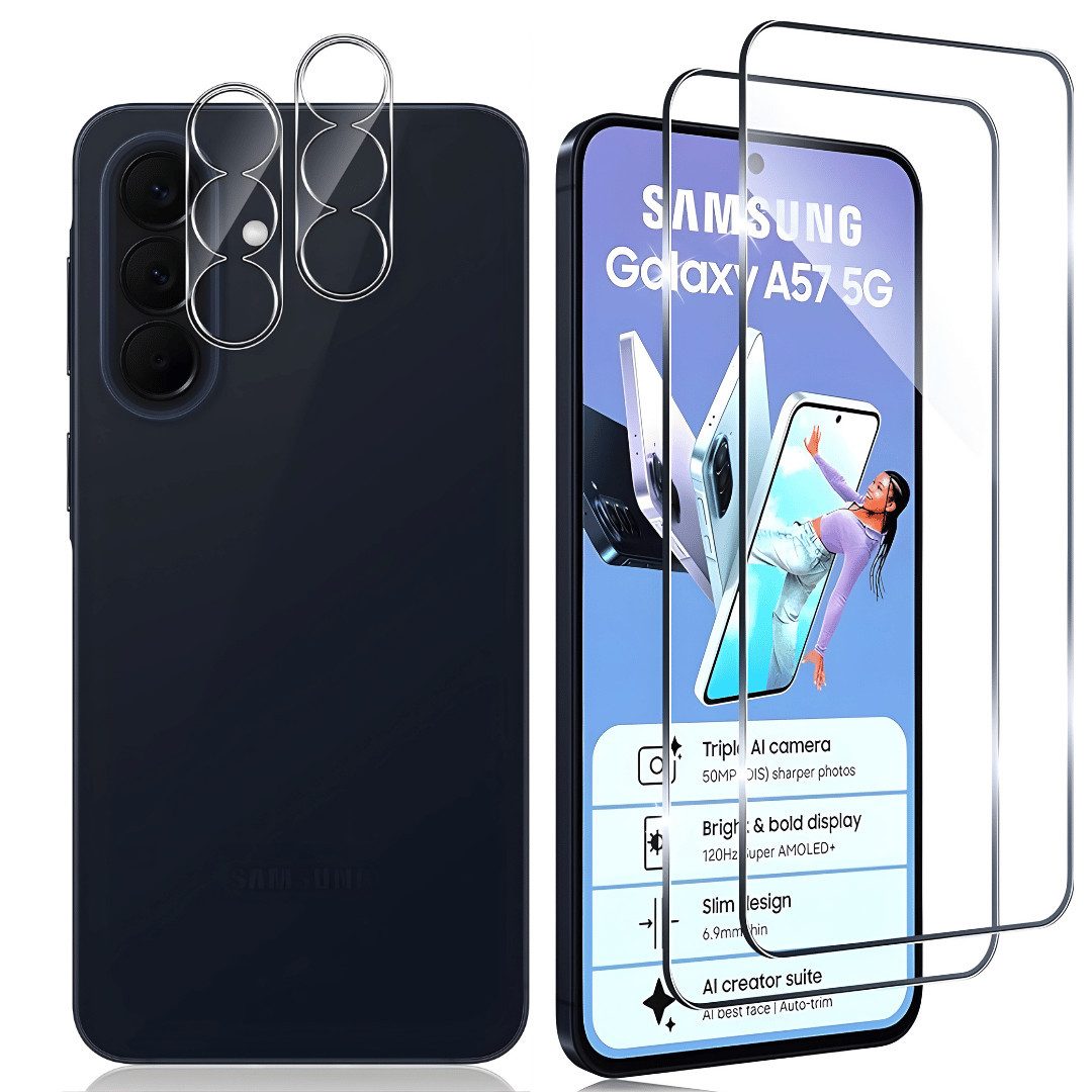 SmartUP Displayschutzglas 2X Schutzglas für Samsung Galaxy A57 5G Display Kamera Panzerfolie 9H für Samsung Galaxy A57 5G, 4 Stück, Rundumschutz, passgenaue Verarbeitung