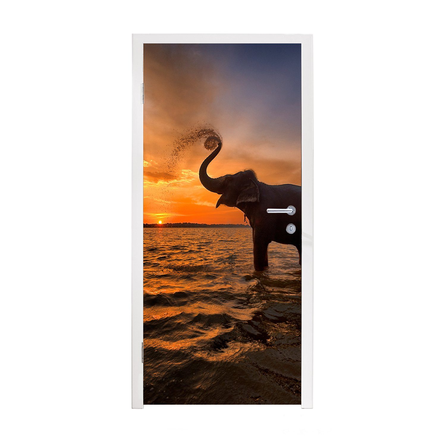 MuchoWow Türtapete Elefant - bedruckt, - 75x205 Tür, Sonnenuntergang cm Tiere - St), Fototapete (1 Matt, für Türaufkleber, Orange, Meer 