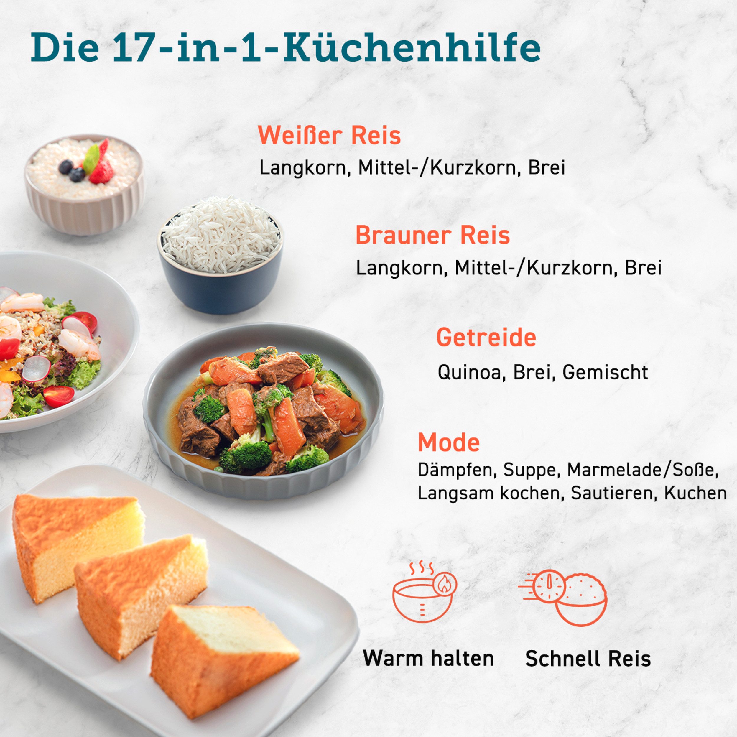 Cosori Multikocher Reiskocher, Multikocher mit 17 Programme, Rice Cooker 5L, Fuzzy-Logik, 970,00 W, 5,00 l Schüssel, Rezeptbuch, Slow Cooker, Premium Innentopf, Warmhaltefunktion, Timer