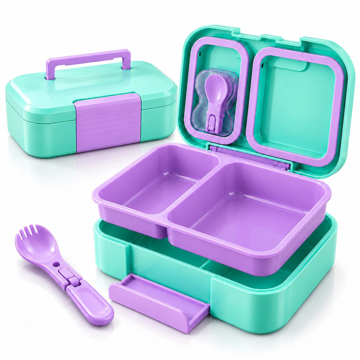 Fyrove Lunchbox Brotdose Kinder, Brotdose Schule, Lunchbox Kinder, Snackbox Kinder, (2-teiliges Set: 1 Brotdose und 1 Löffel), 3 Fächer, mit Löffel, Silikondichtung, Clipverschluss