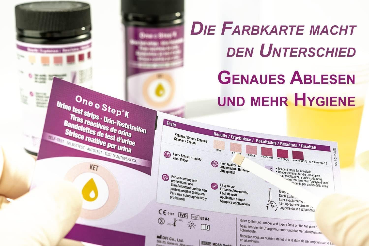 One+Step Keton-Teststreifen + Referenzfarbkarte - Urintest - Ketose - ketogene Diät, 100-St.
