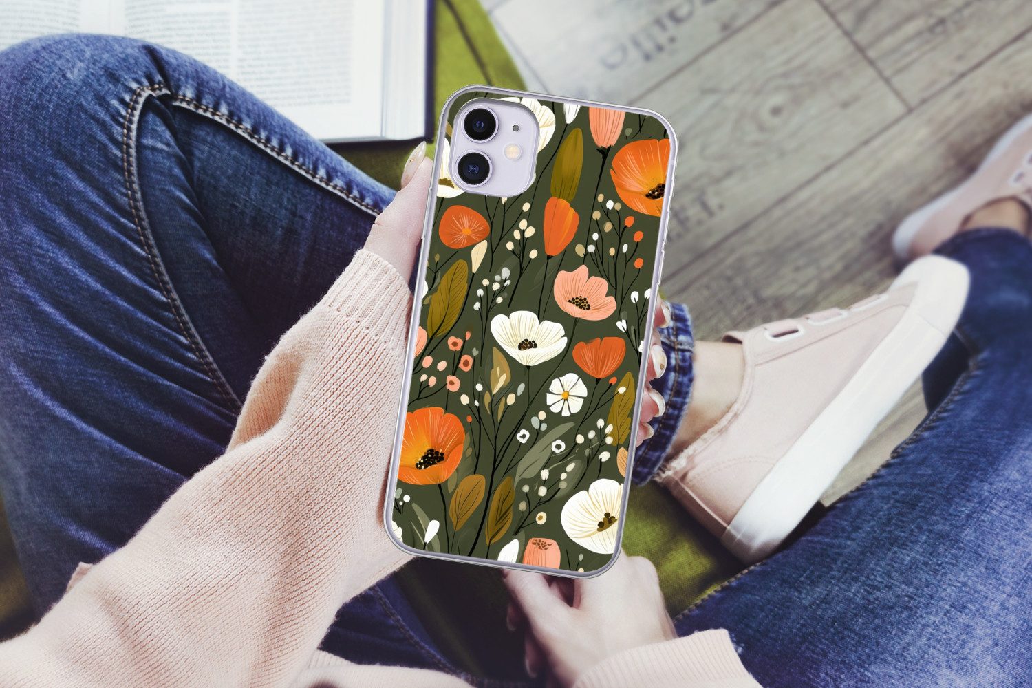 MuchoWow Handyhülle für Apple iPhone 11 Blumen - Illustration - Grün, Smartphone-Bumper, Print, Handy Schutzhülle Dünn