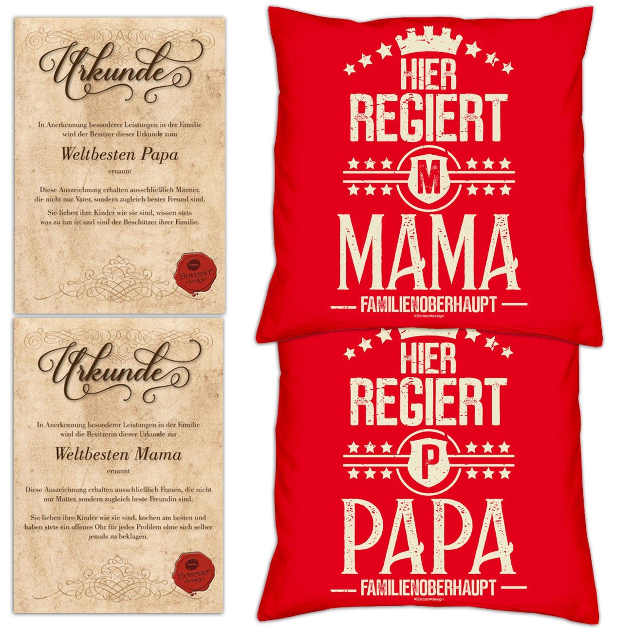Mama Weihnachtsgeschenk Papa Hier Hier mit Dekokissen Eltern Soreso® Kissen-Set rot regiert regiert Urkunden, für