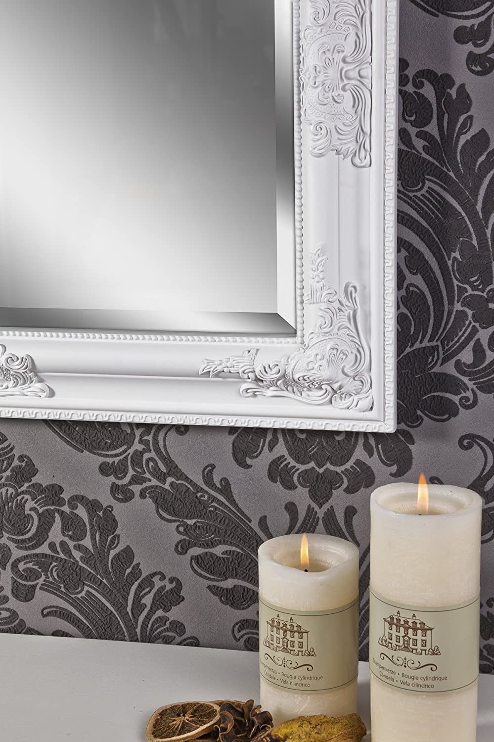 möbelando Barockspiegel Leila, Traumhafter Spiegel wunderschönen mit weiß Holzrahmenbreite 7 cm. 50 ca. cm, Höhe cm, in 65 Tiefe Breite Verzierungen. 3 cm
