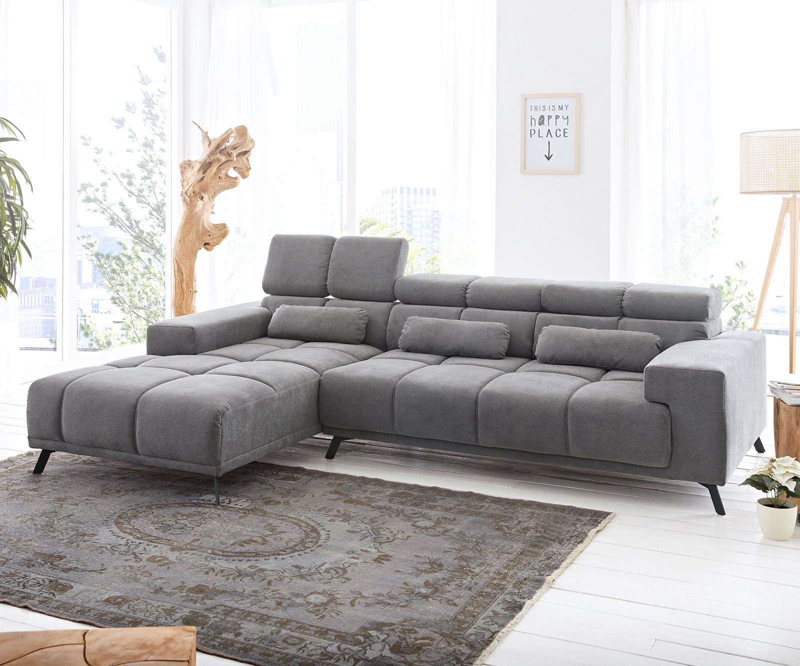 DELIFE Ecksofa Ordino, Mikrofaser Grau 285x200 Ottomane links Relaxfunktion Ecksofa