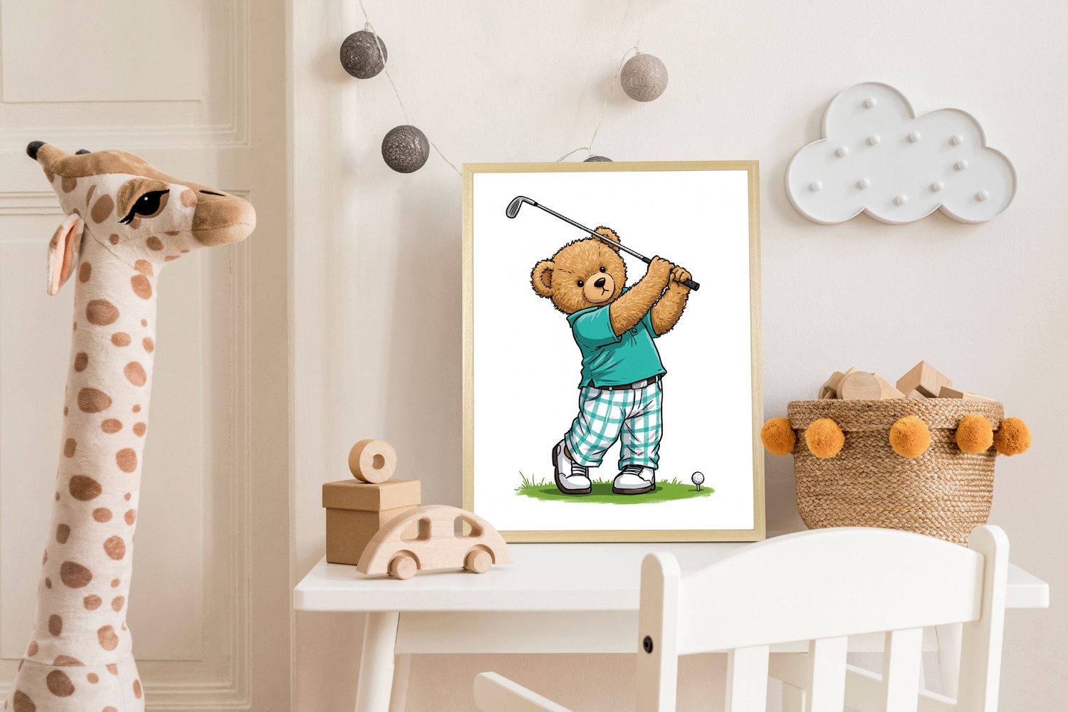 Bild mit Rahmen Teddy Bär auf Golfplatz