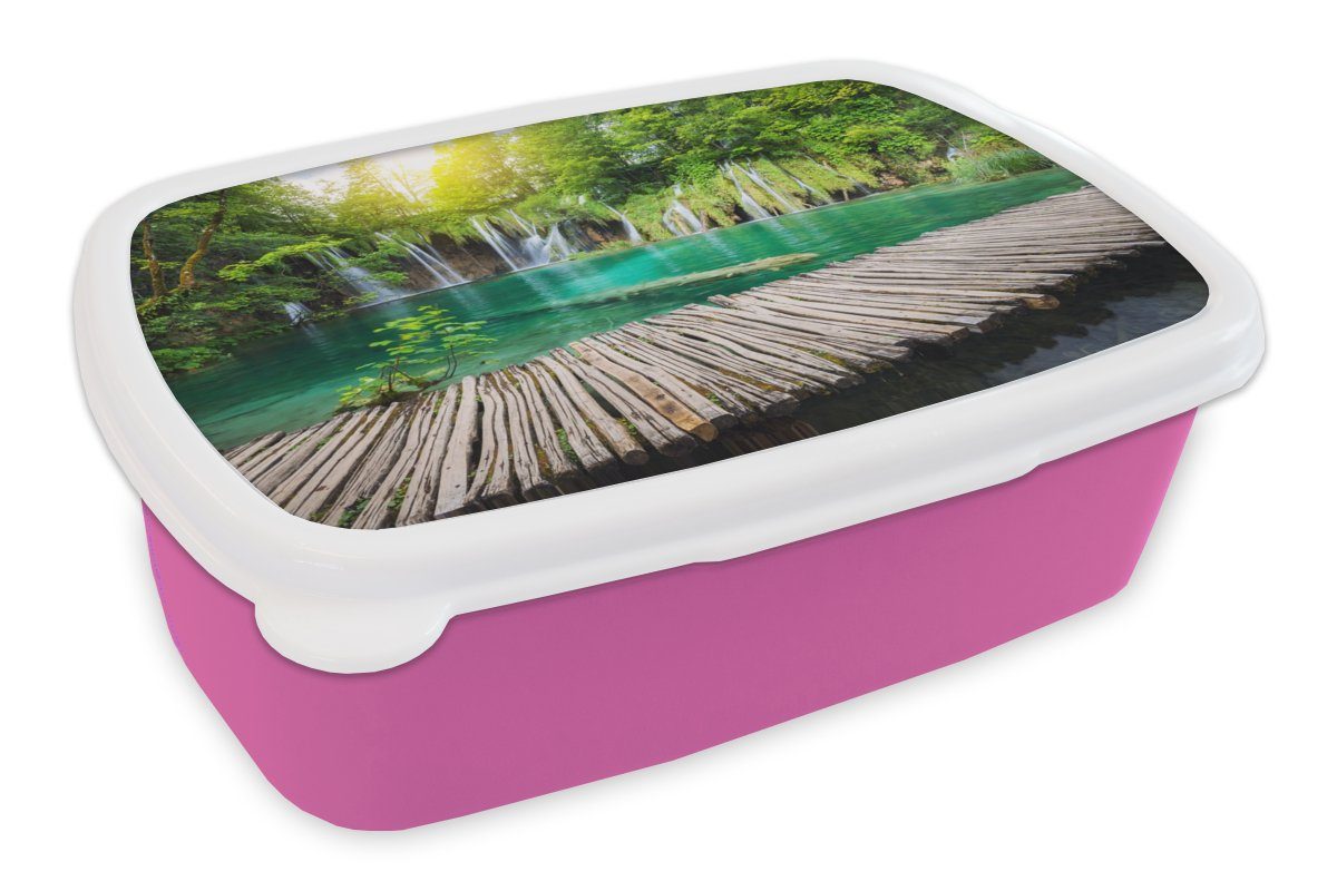 MuchoWow Lunchbox Brücke - Wasserfall - Natur, Kunststoff, (2-tlg), Brotbox für Erwachsene, Brotdose Kinder, Snackbox, Mädchen, Kunststoff rosa