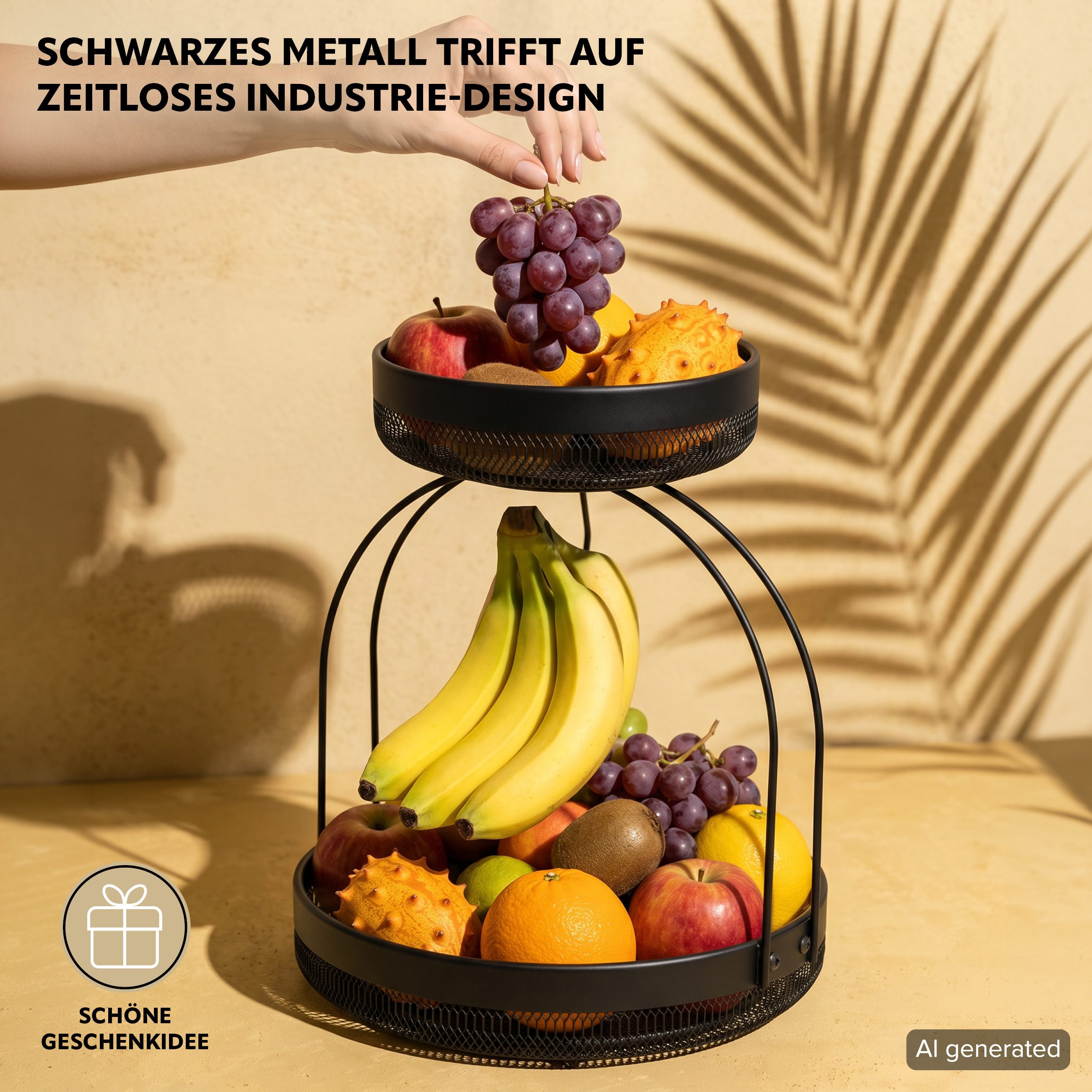 eluno Obstschale 2-stöckig mit Bananenhalter aus Metall, Metall, (1-tlg), mit Bananenhalterung – Bild 4 von 5