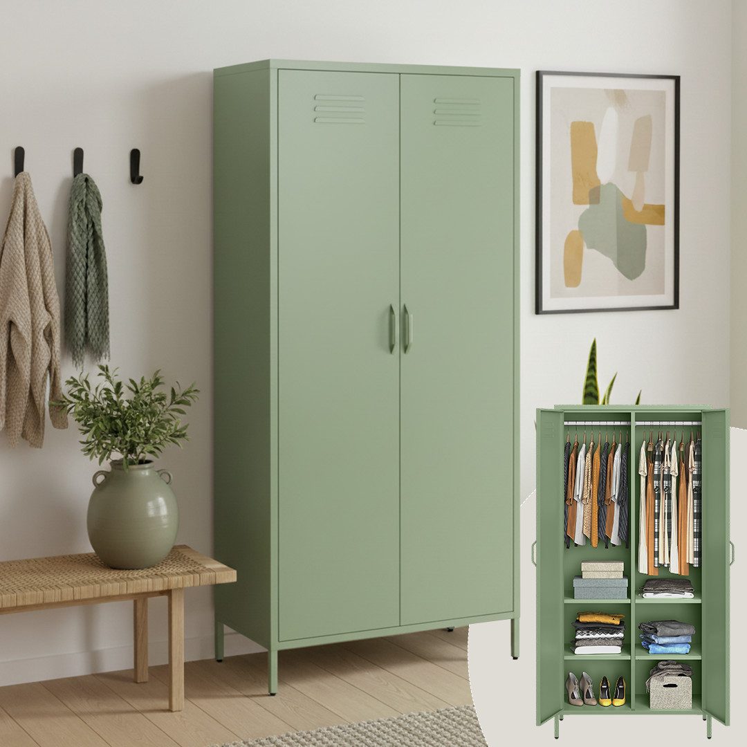 skølm Kleiderschrank Atria aus Metall (Mintgrün) Metallschrank mit 6 Fächern & 2 Kleiderstangen, 170x45x80 cm (HxTxB)