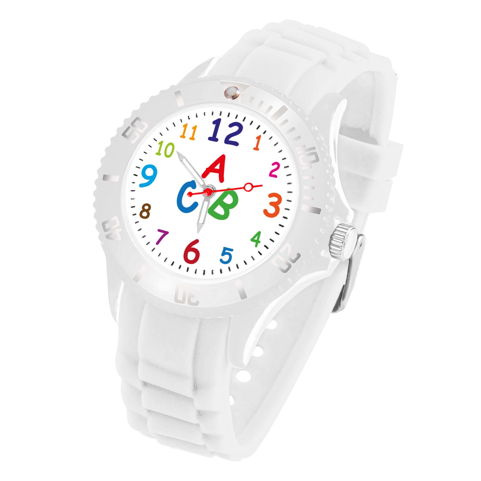 Uhr Kinder Kinderuhr ABC Taffstyle Weiß 34mm Quarzuhr Bunt, Farbige Lernuhr Zahlen Quarz Sportuhr Analog Silikonuhr Armbanduhr Silikon Bunte