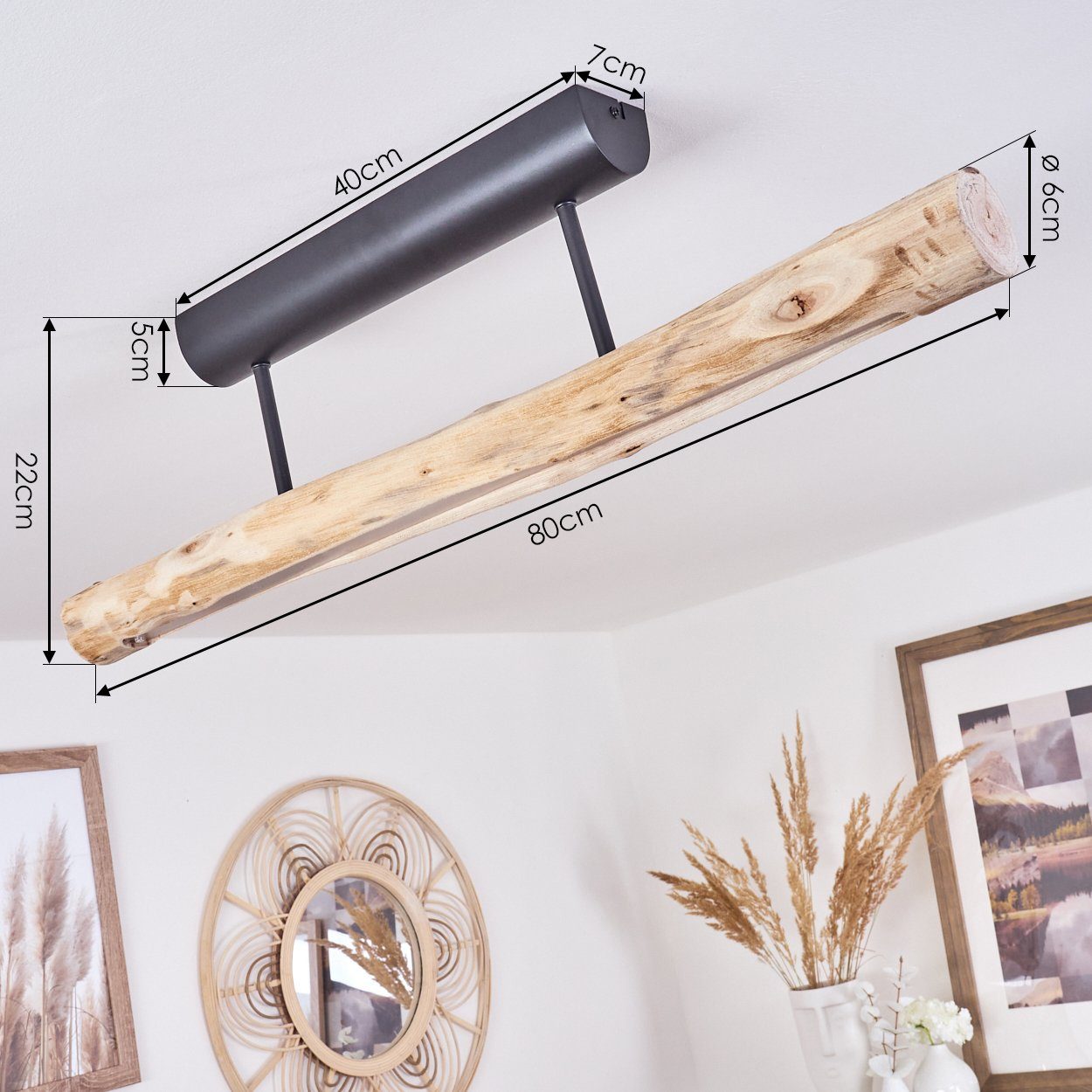 hofstein Deckenleuchte »Licata« dimmbare Deckenlampe aus Metall und Holzstab in Schwarz/Natur, 3000 Kelvin, 15 Watt, 1062 Lumen, dimmbar über herkömmlichen Lich – Bild 4 von 5