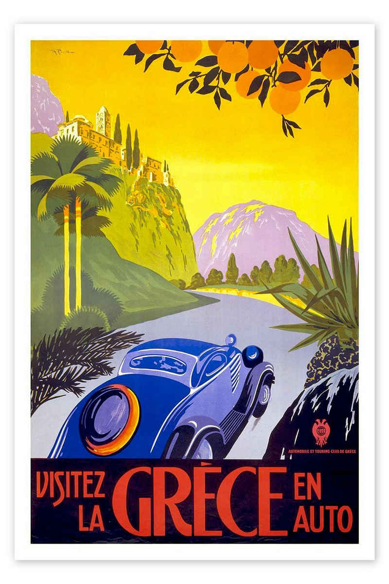 Posterlounge Poster Vintage Travel Collection, Besuchen Sie Griechenland mit dem Auto, Vintage Illustration