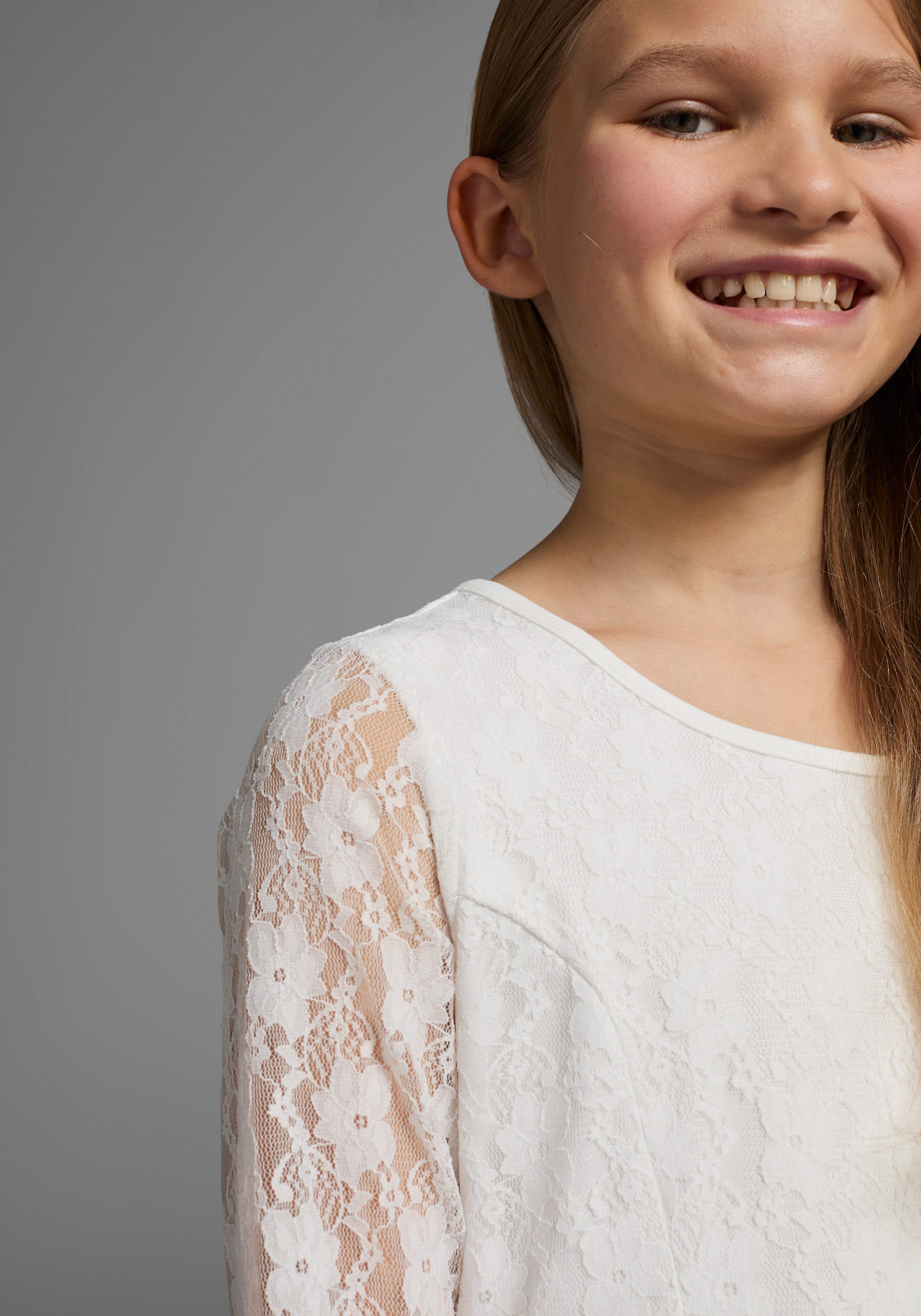 KIDSWORLD Jerseykleid - Spitzenkleid festliche Anlässe, knielang, aus Spitze und Jersey, 3/4-Ärmel