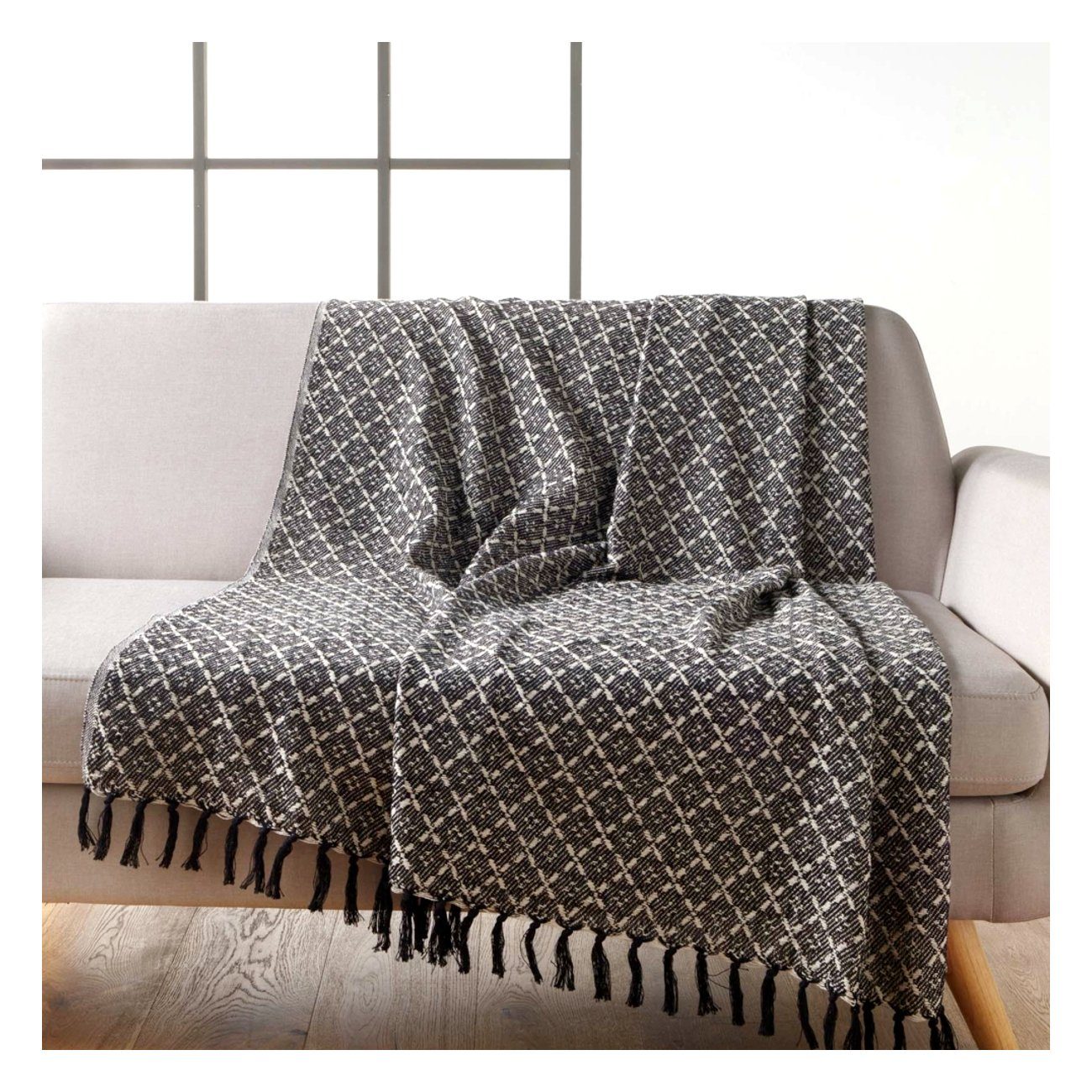 Plaid Fransen-Decke Designdecke Baumwolle, Plaid 150x125 Wolldecke weiß Home, Reisedecke schwarz Sofadecke Macosa cm