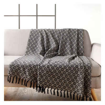 Plaid Fransen-Decke 150x125 cm Plaid Sofadecke schwarz weiß Baumwolle, Macosa Home, Designdecke Wolldecke Reisedecke