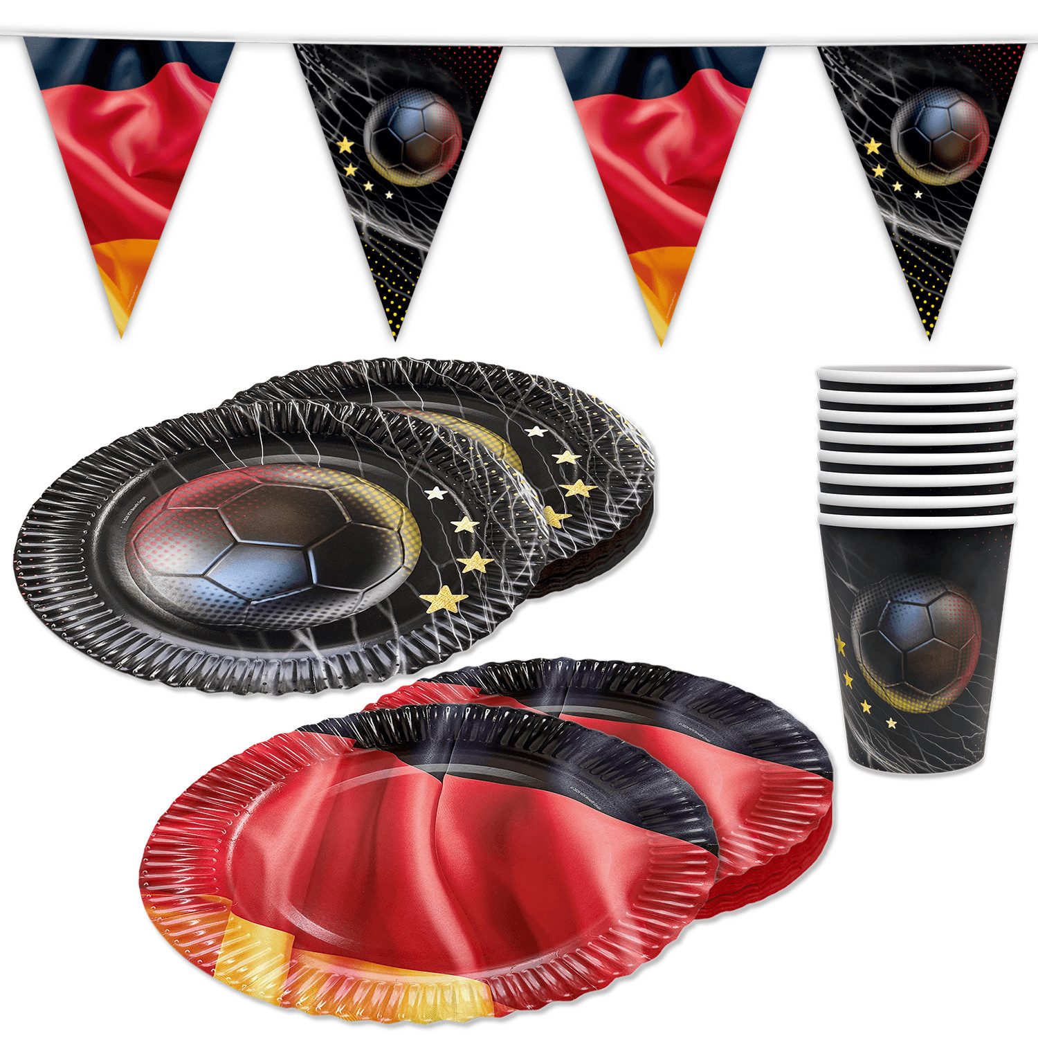 Party Factory Dekoteller Fußball WM Set2 Deutschland 37-tlg Teller Becher Serviette Wimpelkette