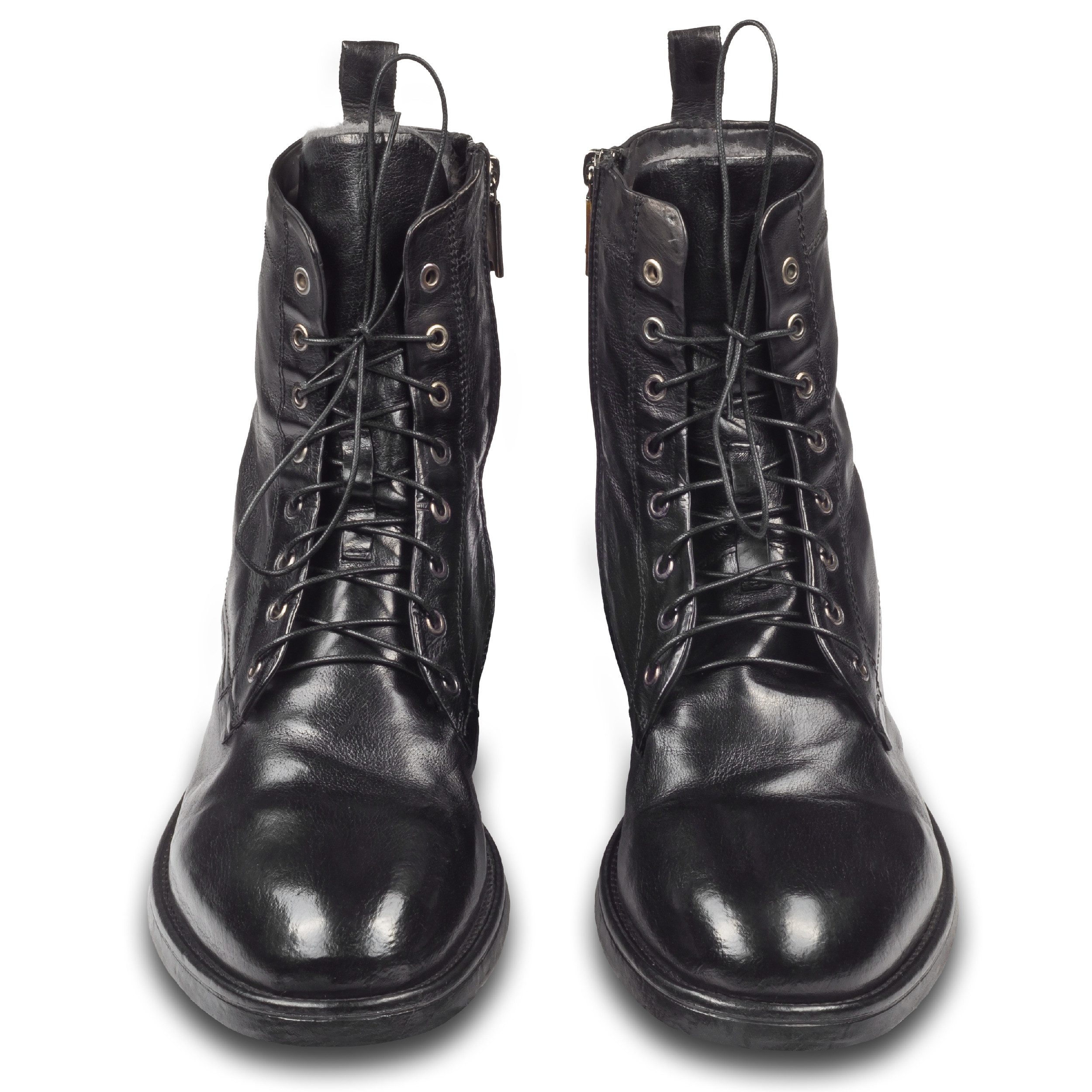 LEMARGO Leder Schnür-Boots schwarz stonewashed, Lammfell, Reißverschluß AB24A Stiefelette Handgefertigt in Italien