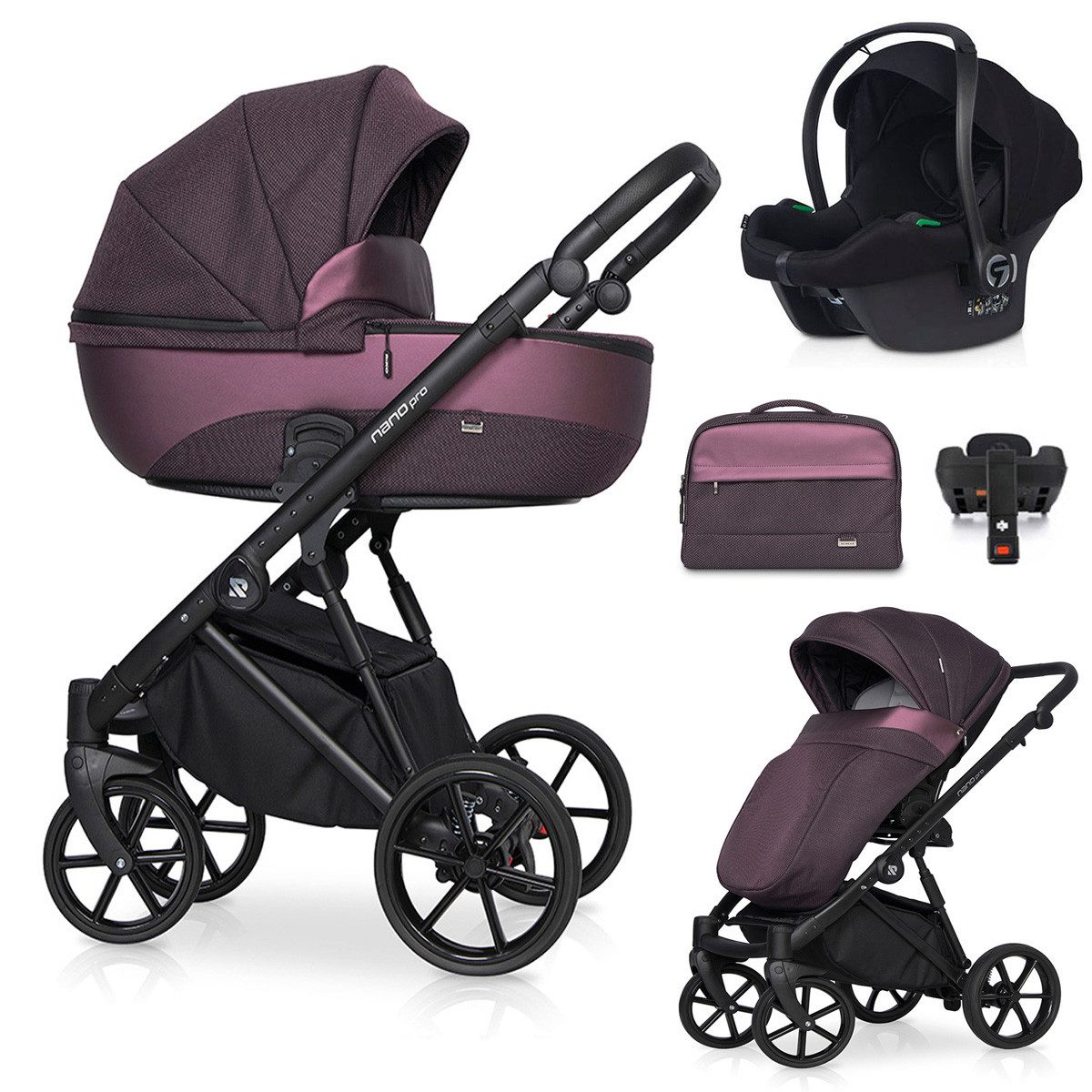 babies-on-wheels Kombi-Kinderwagen Nano pro 5 in 1 inkl. Sportsitz, Autositz und Iso Base in 6 Farben