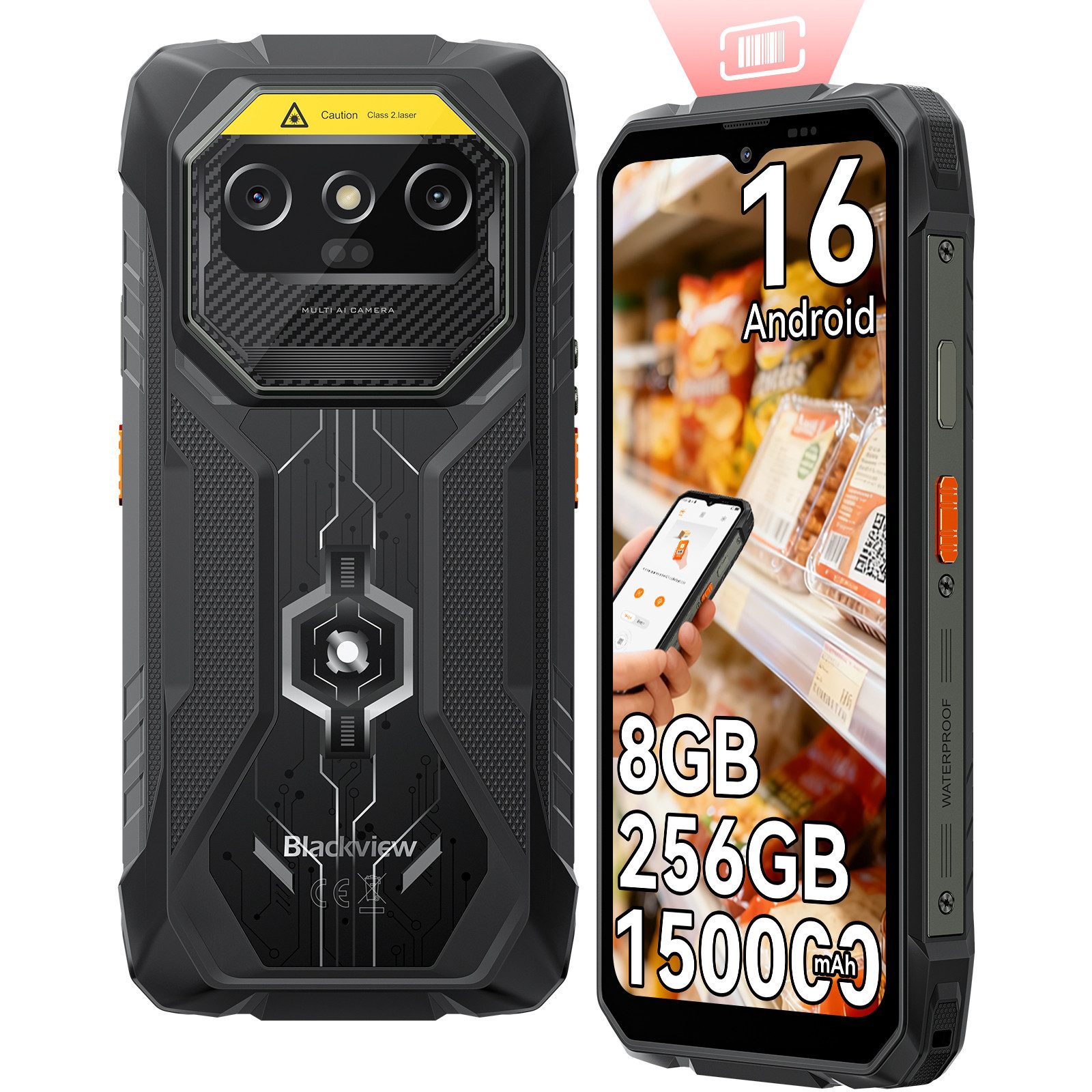 blackview ROCK 1 Pro Android 16, 15000mAh, 32GB+256GB Outdoor Smartphone (16,66 cm, 16 MP+20 MP Kamera, Android 16, 6,56"+2.01", 256GB, 16MP+20MP Nachtsicht, 33W)