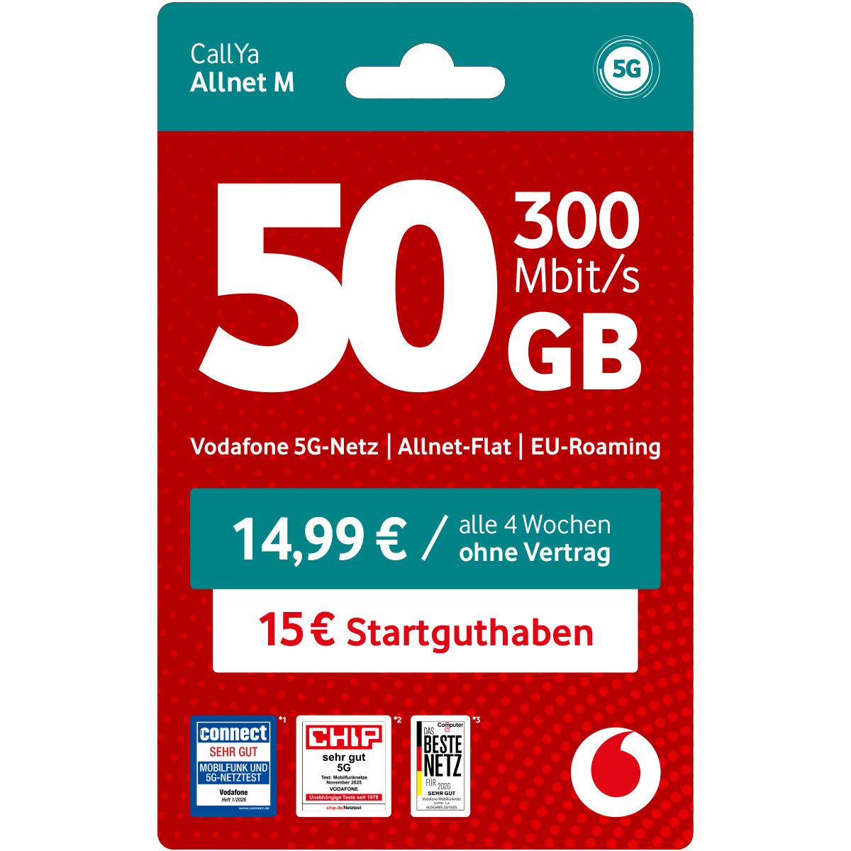 Vodafone CallYa Allnet M Prepaidkarte, (65 GB statt 50 GB, 15 € Guthaben, ohne Vertrag, 5G, Allnet-Flat)