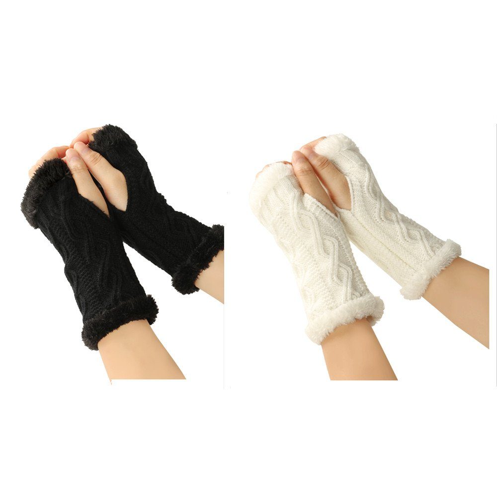 XDeer Strickhandschuhe 2 Paar Fingerlose Handschuhe Armstulpen Damen,Winter Winterhandschuhe Wärmer Strick Handschuhe,Gestrickte Fingerlose Fäustlinge balck+white