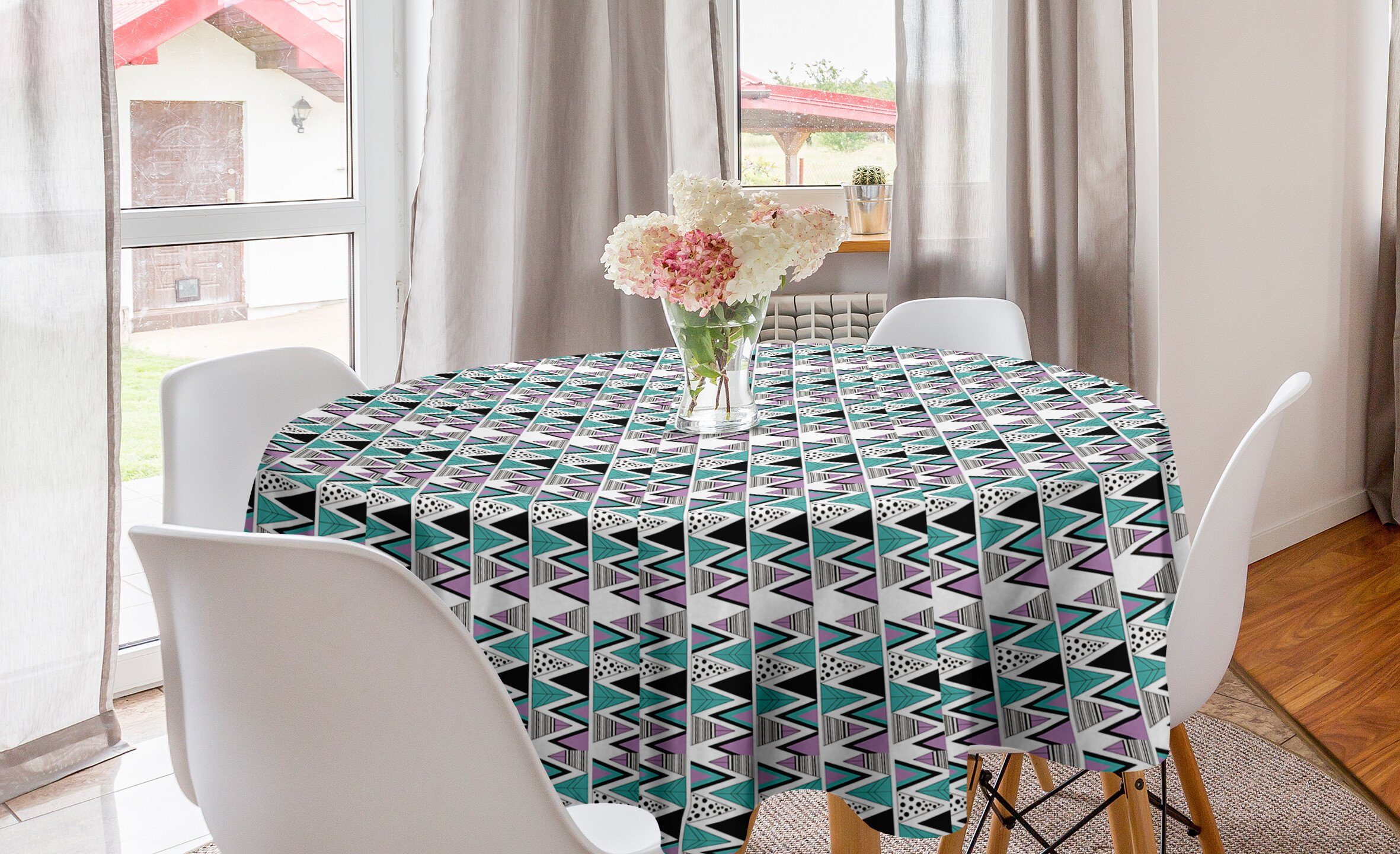 Abakuhaus Tischdecke Kreis Tischdecke Abdeckung für Esszimmer Küche Dekoration, Geometrisch 80er Memphis Zigzag