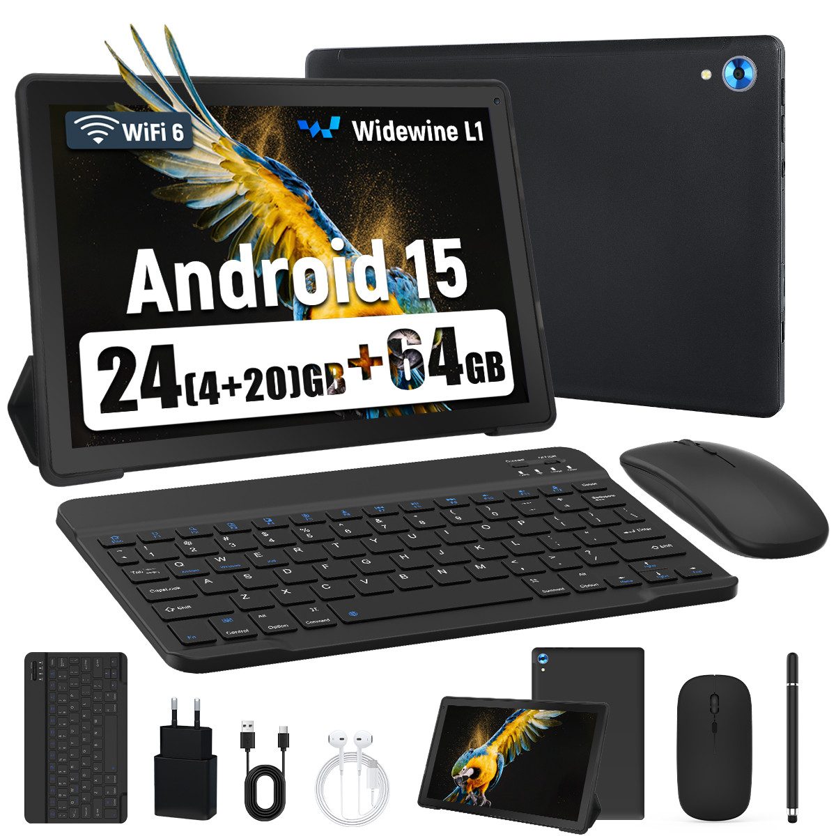 Happybe 10,1 Zoll Android 15, 4GB RAM 128GB mit Tastatur Maus Stylus Hülle Set Tablet (10", 128 GB, Android, WiFi 6, 24(4+20)GB RAM, 1280×800 HD mit Blaulichtfilter für HD-Streaming)