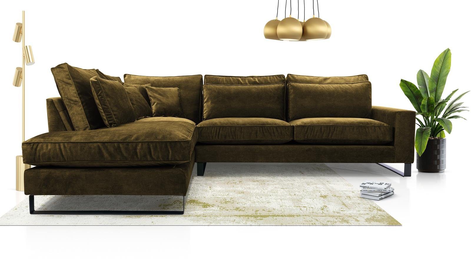 aus für Ecke, Cornack, Polsterecke Design, Metallbeine, (palladium im 10) modernes l-förmig Velours Olive Wohnzimmer, Beautysofa mit