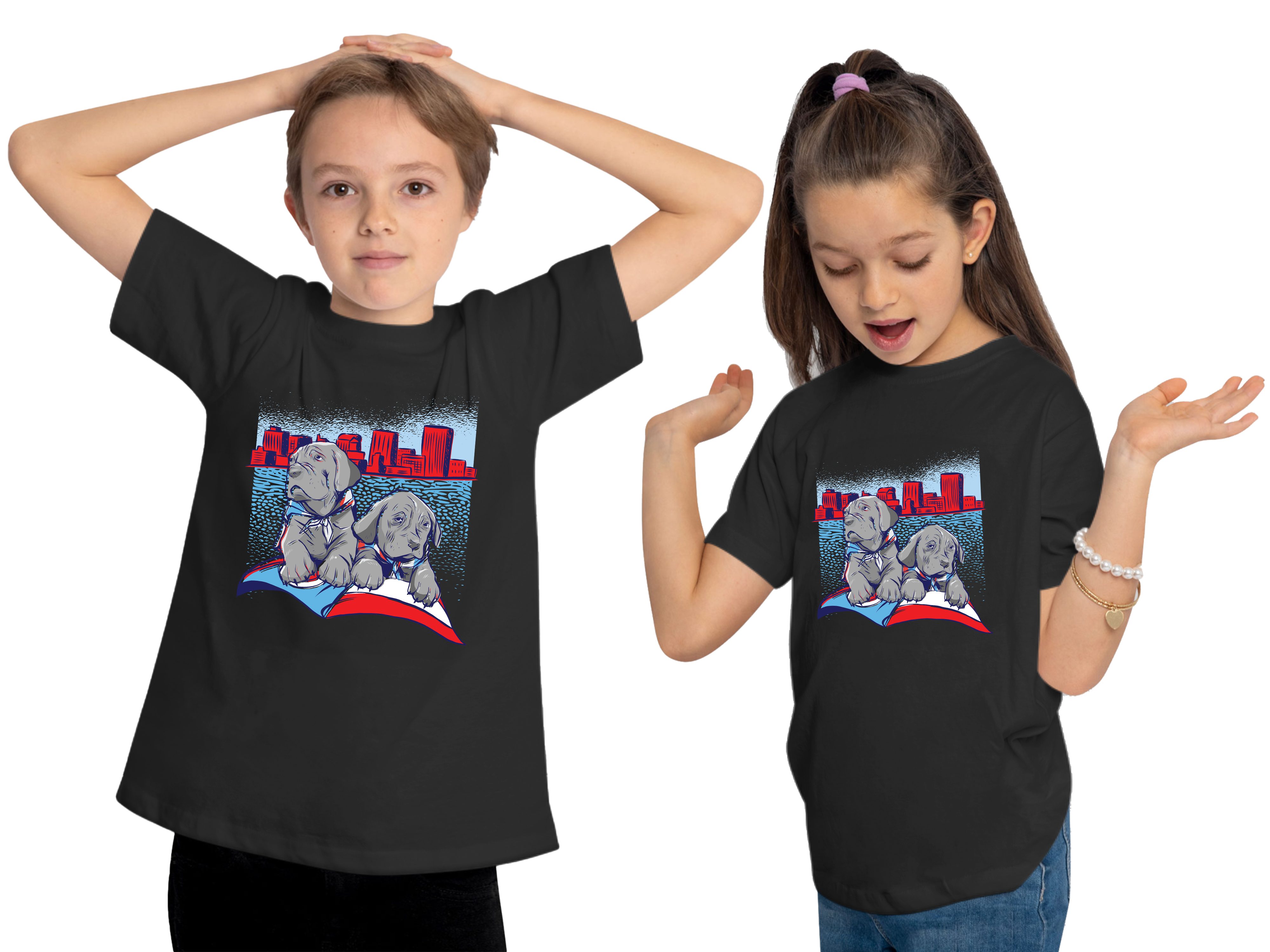Aufdruck, - Hundewelpen MyDesign24 süße Hunde i231 Baumwollshirt T-Shirt schwarz mit 2 bedruckt Kinder Print-Shirt
