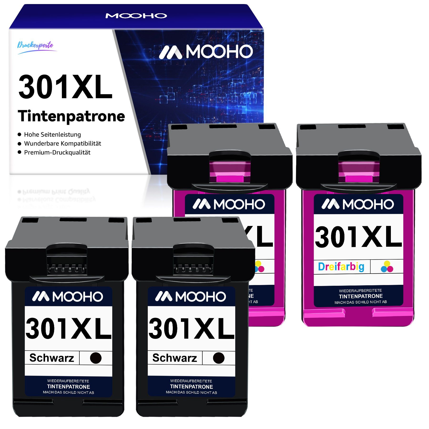 MOOHO Kompatible für 301XL 301 XL HP Envy 4500 Tintenpatrone 2*Schwarz+2*Dreifarbig(4er-pack)
