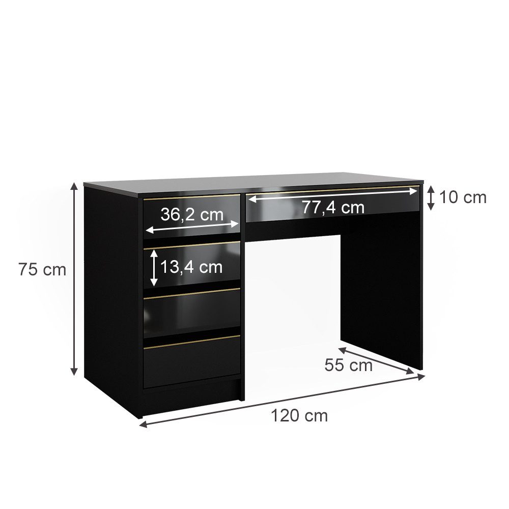 Vicco Schminktisch Sherry, Schwarz/Gold/Gold, 120 cm ohne Spiegel (1-St)