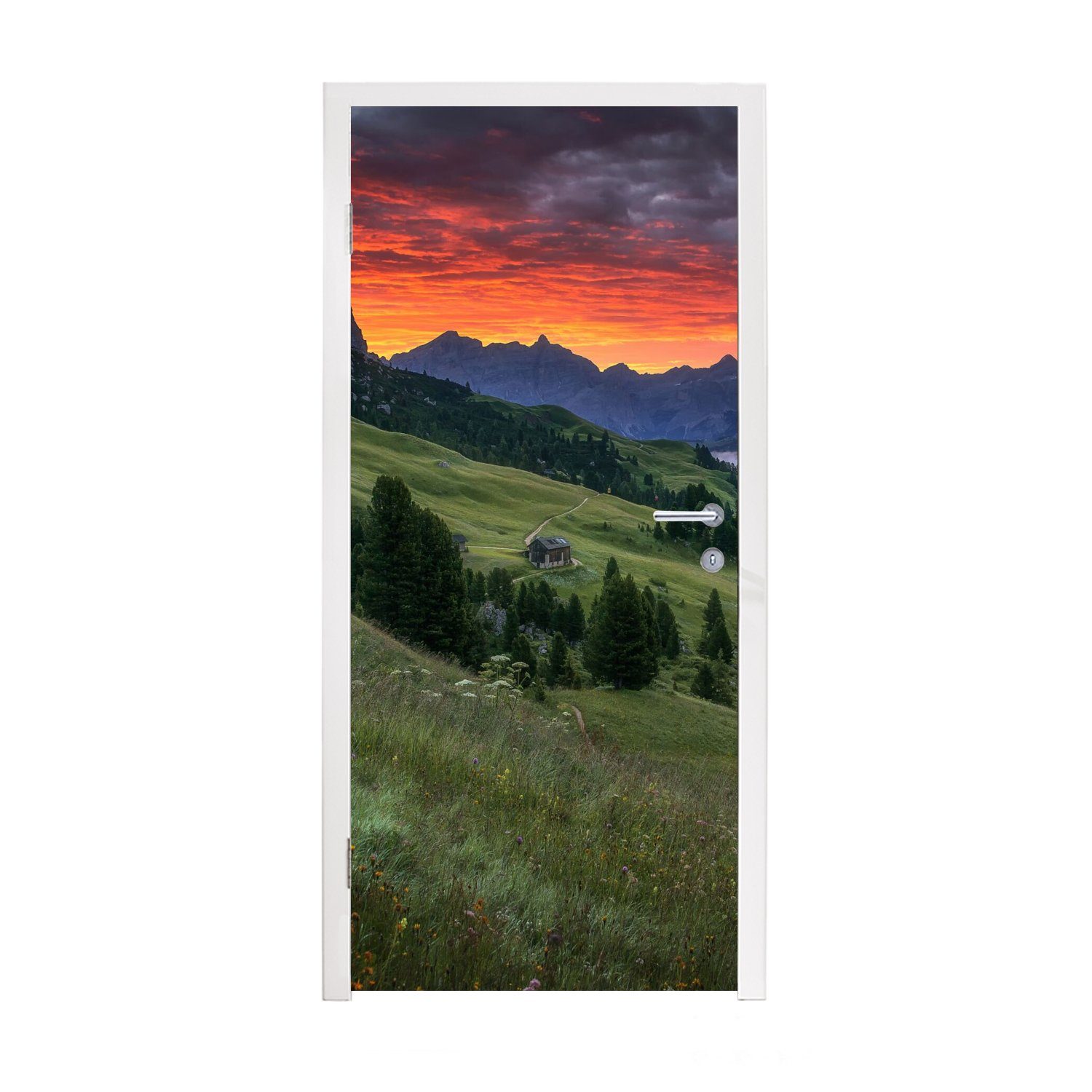 MuchoWow Türtapete Gras - Berge - Abend, Matt, bedruckt, (1 St), Fototapete für Tür, Türaufkleber, 75x205 cm