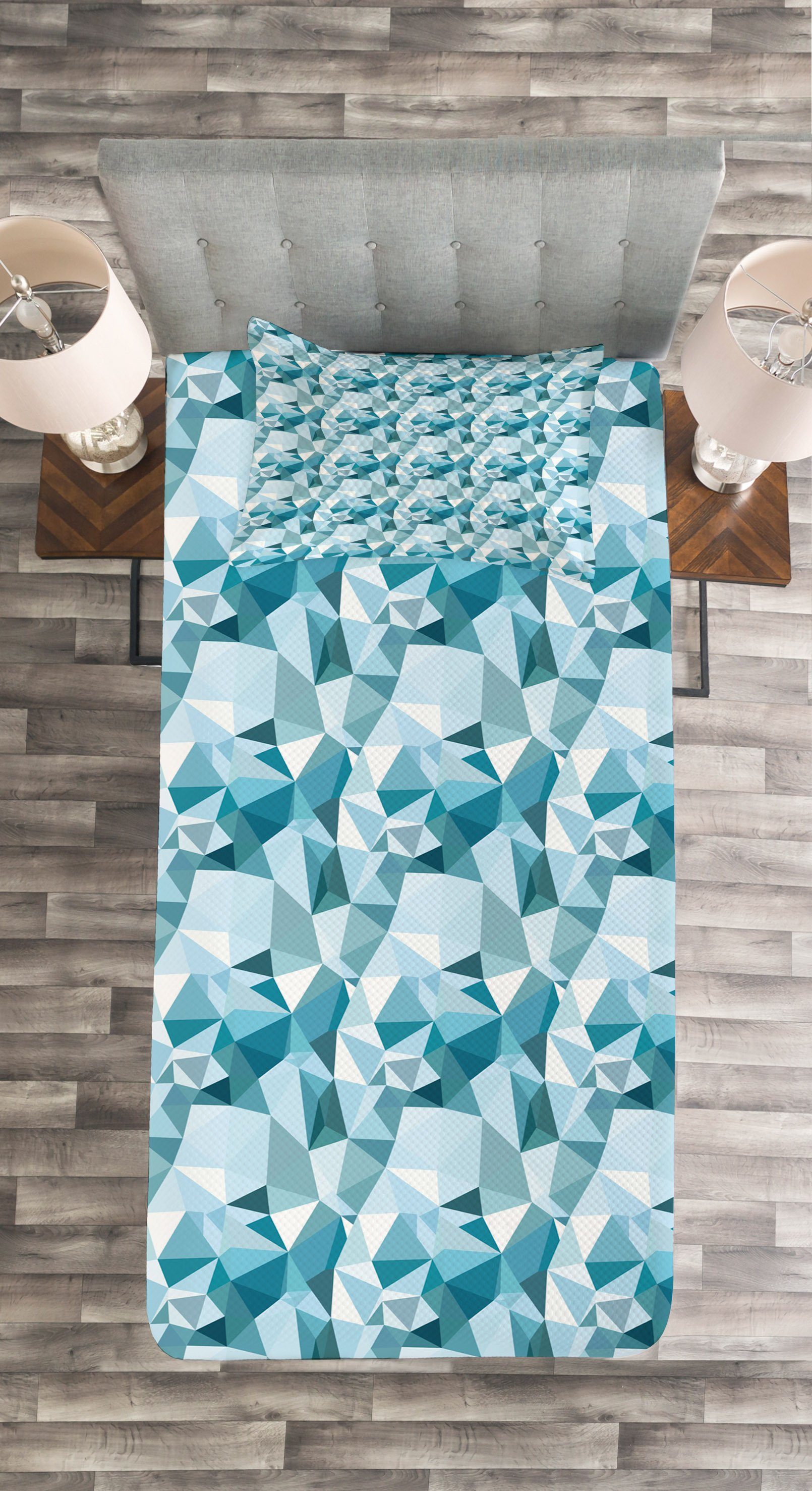 Blau Der Tagesdecke mit Abakuhaus, Set Polygonalen Kissenbezügen Abstract Waschbar, Formen Kunst