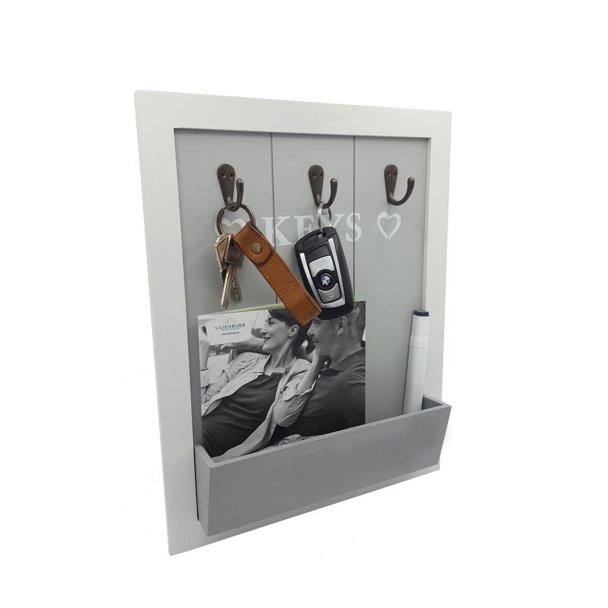 LB H&F Lilienburg Schlüsselbrett Schlüsselbrett Keys Holz mit Briefablage Briefhalter Handyhalter, (grau weiß Holz Vintage Schlüsselschrank und 3 Schlüsselhaken für Briefe, Stifte, Handy Schlüsselleiste Schlüsselboard, Handyablage Schlüsselkasten Schlüsselhalter Landhaus Shabby weiß)