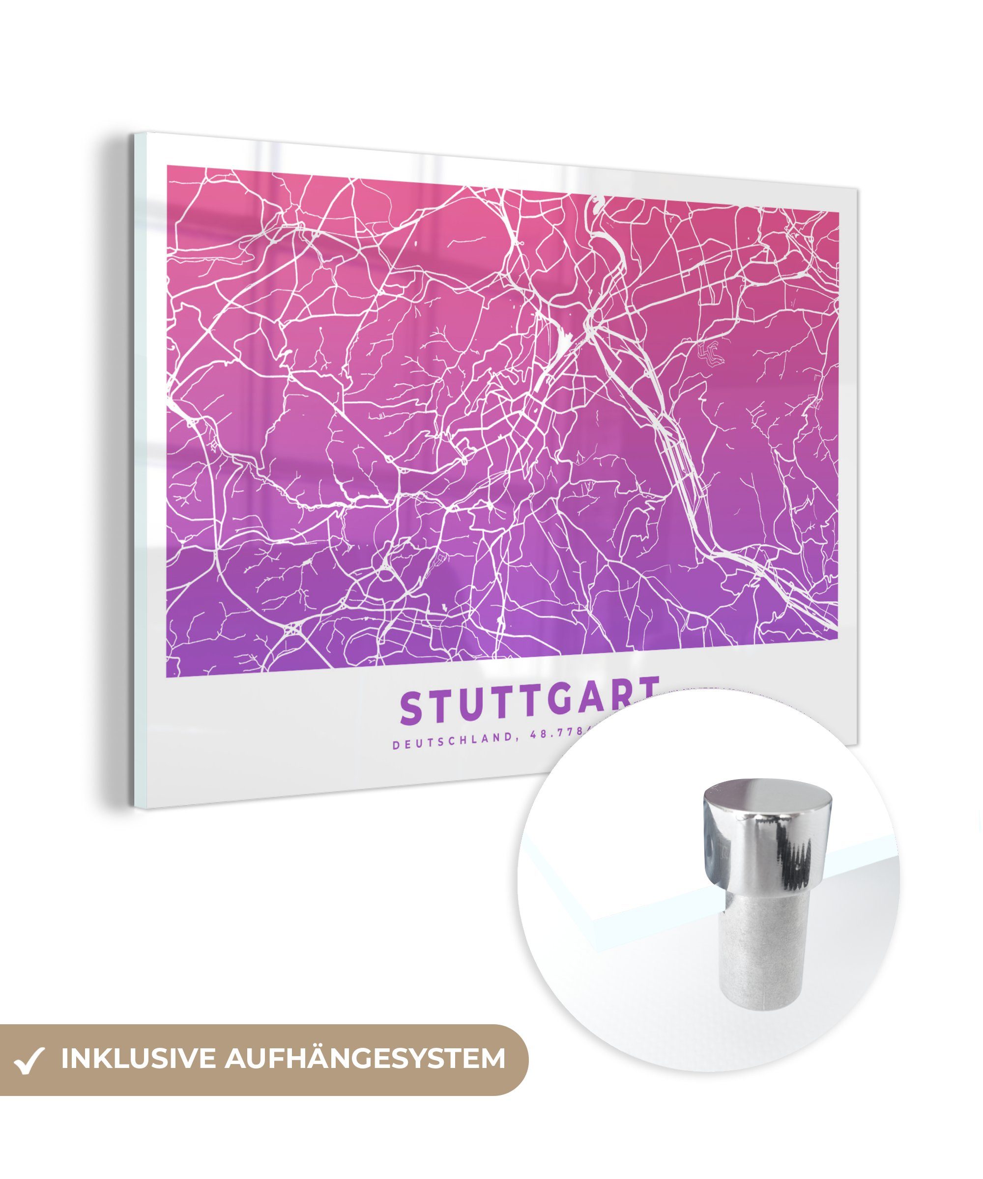 MuchoWow Acrylglasbild Stuttgart - Deutschland - Stadtplan, (1 St), Acrylglasbilder Wohnzimmer & Schlafzimmer