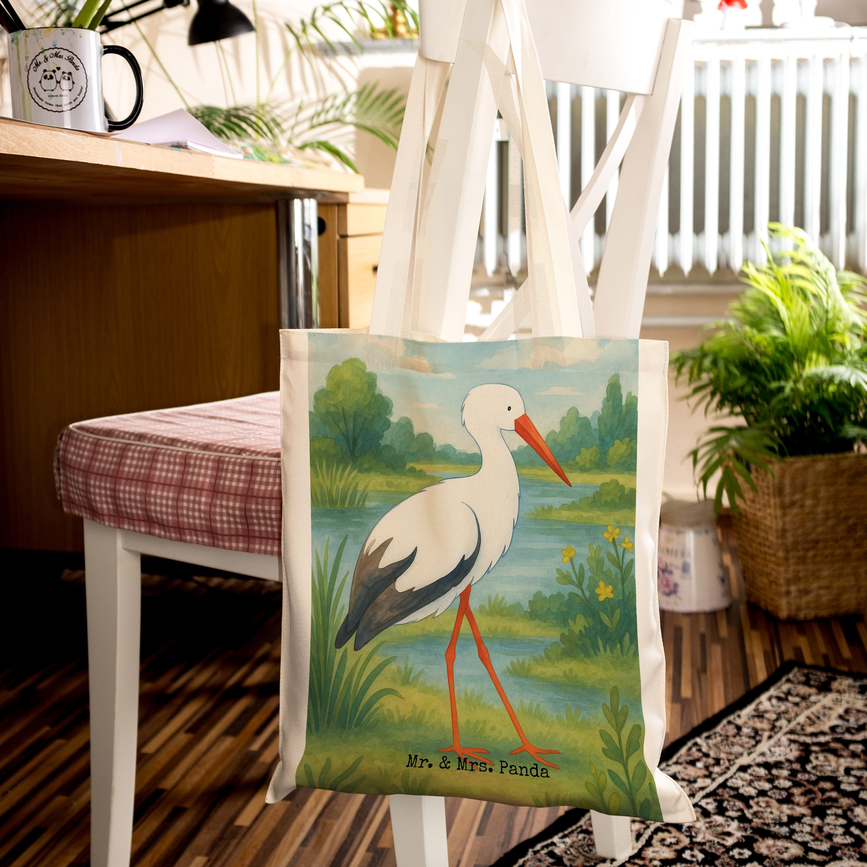 Mr. & Mrs. Panda Tragetasche Storch Design, canvas tasche, Weiß, Jutebeutel, Schwanger, totebag, B (Packung), Freizeittasche tragetasche baumwolle einkaufstasche baumwolle
