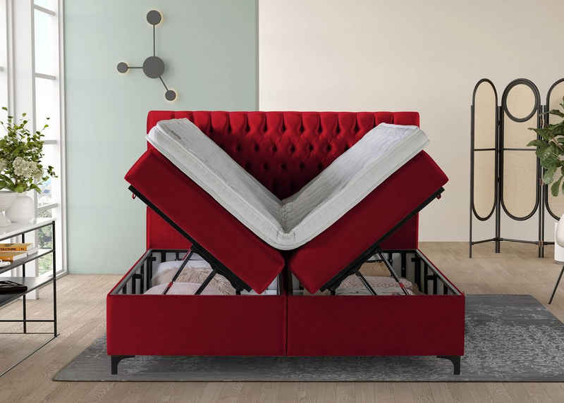 BettCo Stauraumbett Vegas (in Samt Rot, 180 x 200 cm), Chesterfiel-Design mit XXL Bettkasten + optionaler Topper, Schwarze Metallfüße