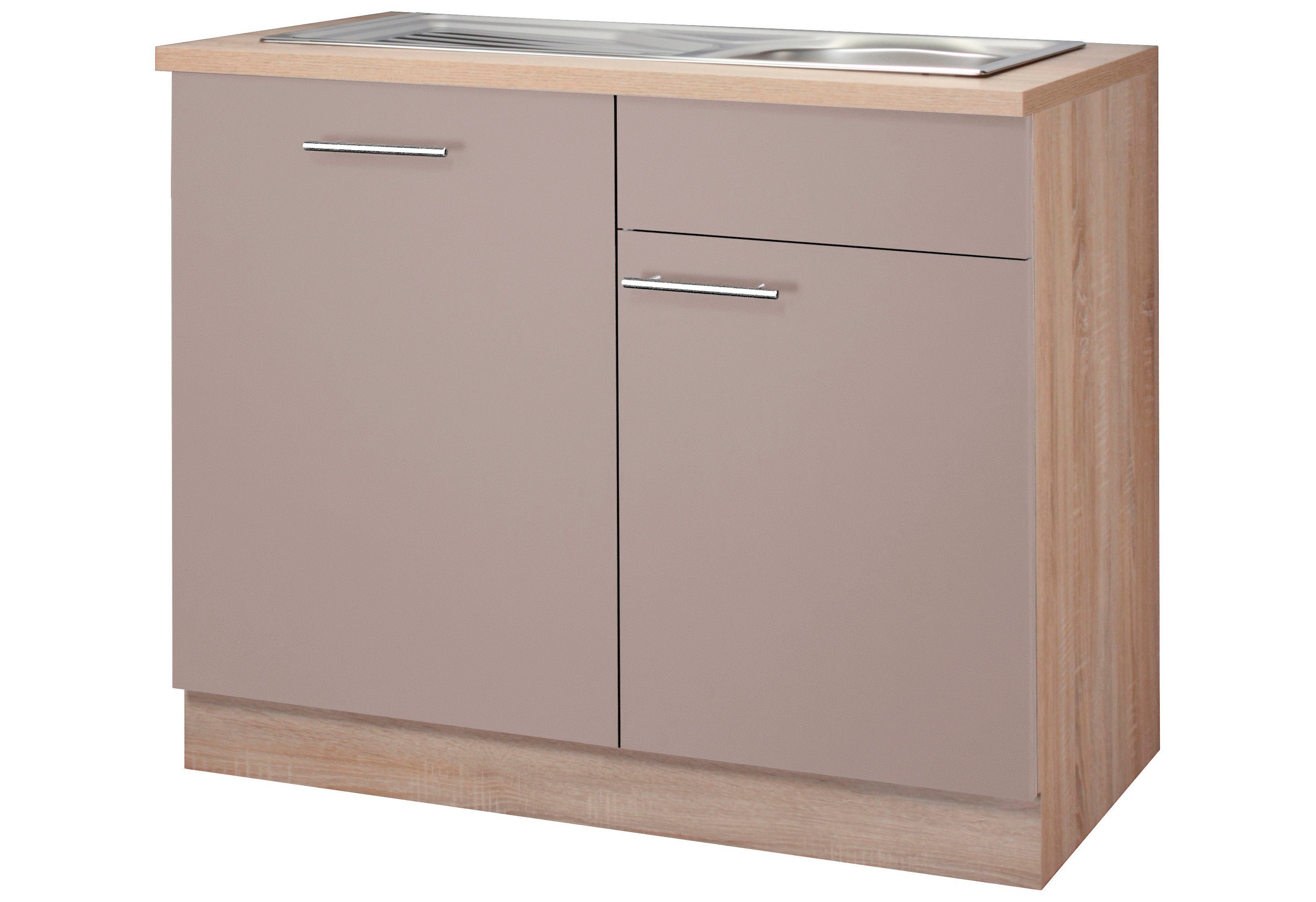 wiho Küchen Spülenschrank Montana 110 cm breit, inkl. Tür/Griff/Sockel für vollint. Geschirrspüler Trüffel/Eichefarben | Spülenschränke