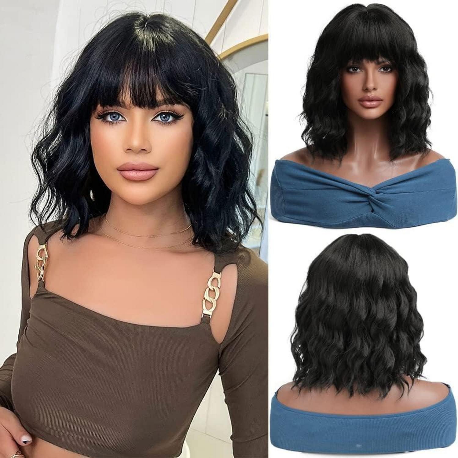LuxusKollektion Kunsthaarperücke Perücke Bob Kurzwelle Fransen synthetisch Cosplay Schwarz Natürlich