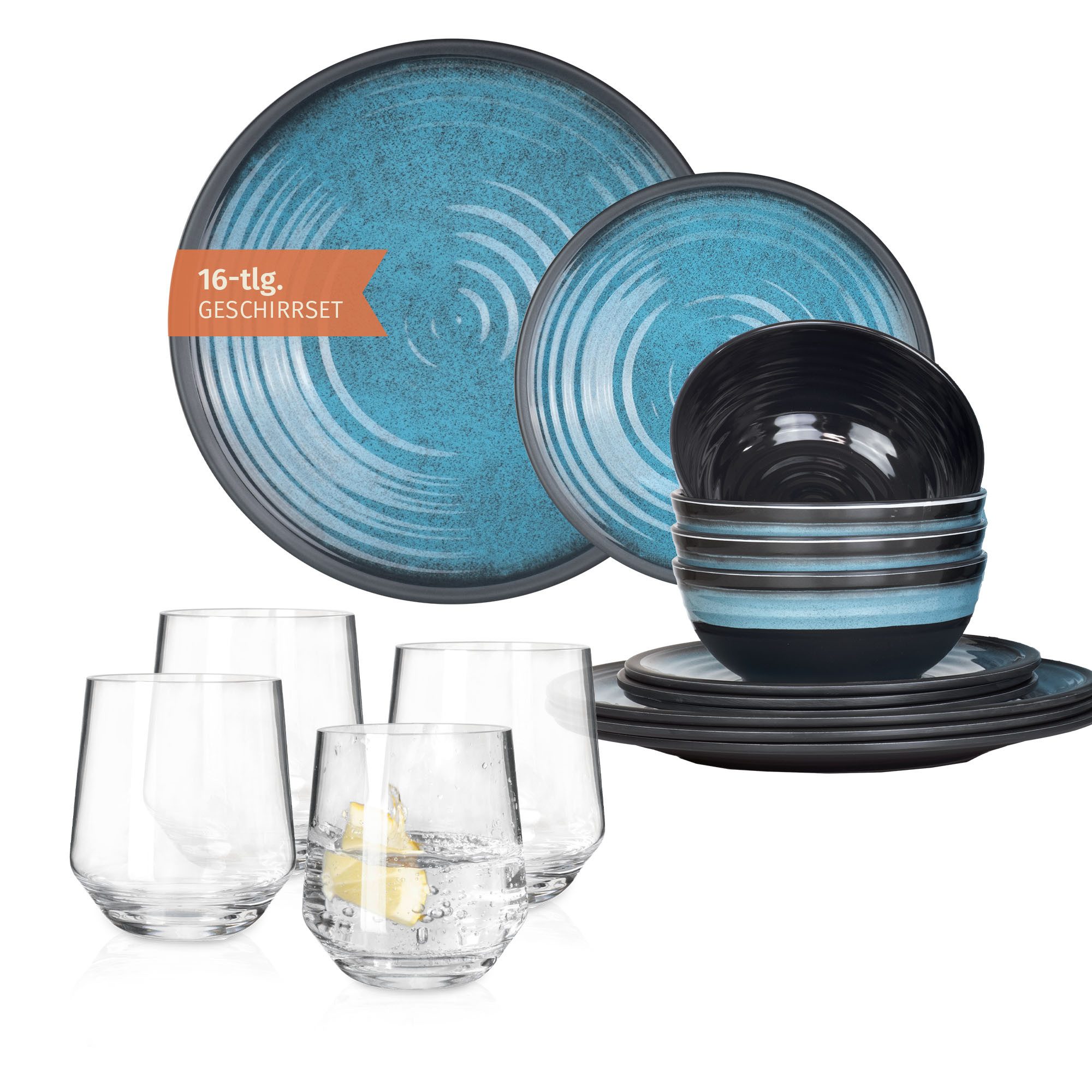 Moritz Geschirr-Set Camping Geschirr Stone Blue + Milano Wassergläsern