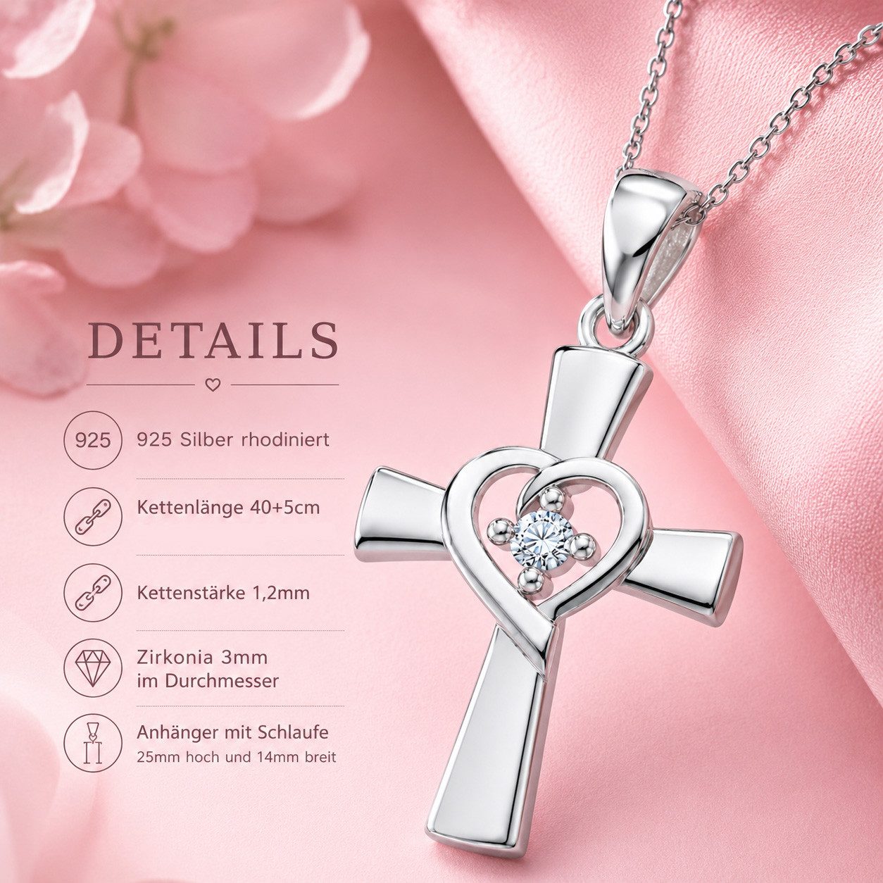 Limana Kette mit Anhänger Herzkreuz Mädchen 925 Silber Zirkonia Schmuck Geschenk (Kinder Halskette inkl. Dose), Geburtstag Einschulung Schulanfang Kommunion Wei – Bild 4 von 5